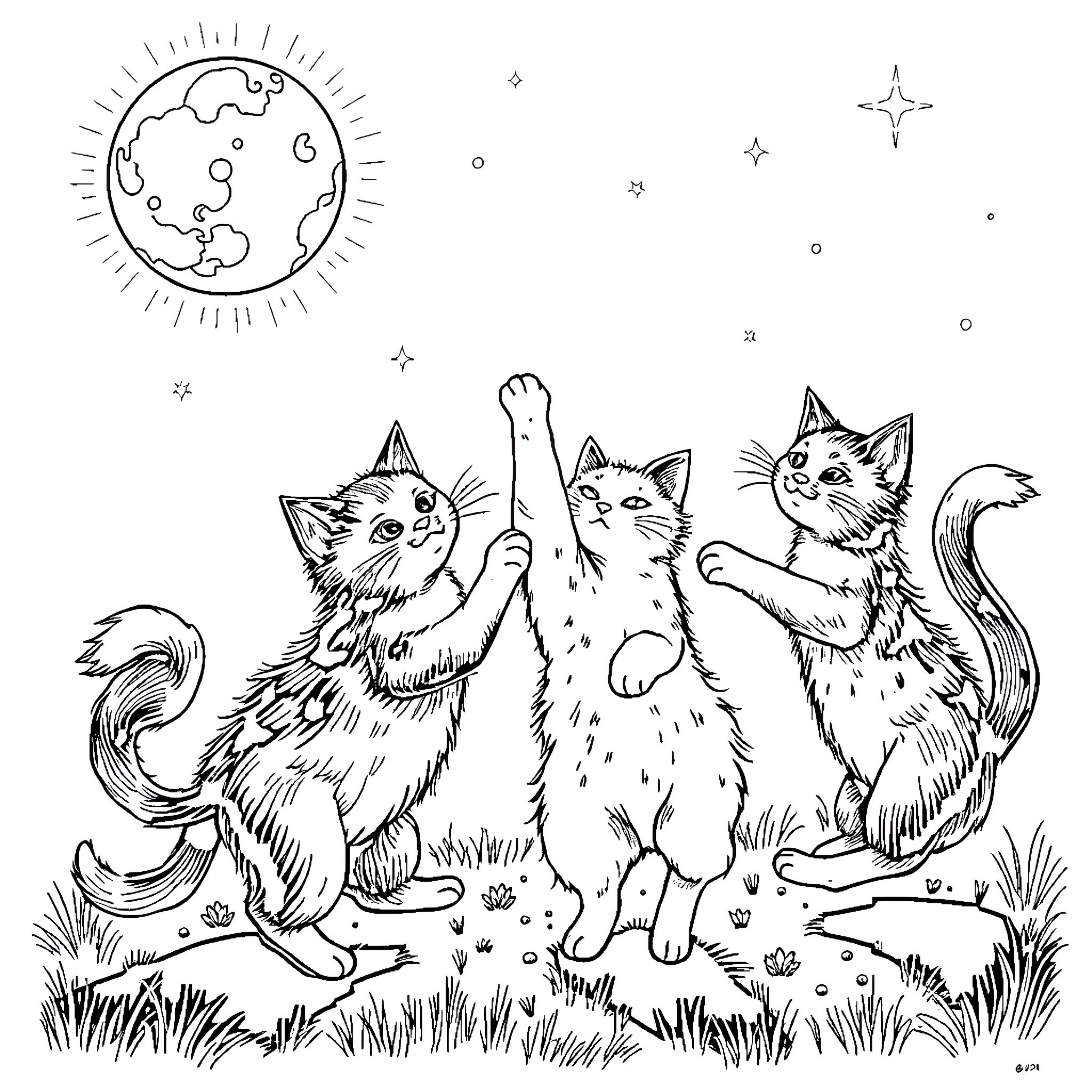 Cats playing and exploring under the night sky Coloring Page (free black-and-white line drawing printable PDF for all, from beginners to advanced learners, including children, teens, adults, and seniors)