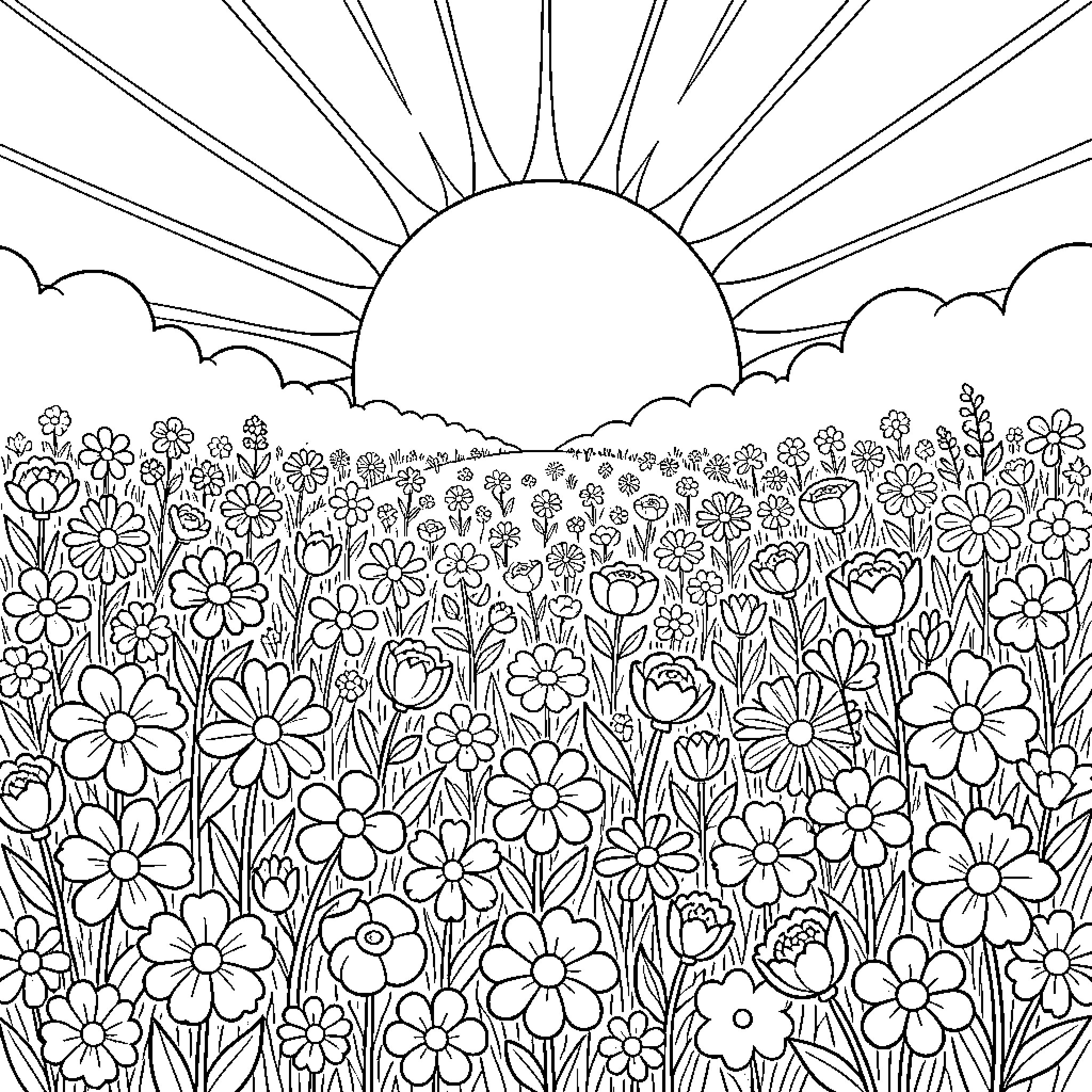Flower field blooming in the sunlight Coloring Page (free black-and-white line drawing printable PDF for all, from beginners to advanced learners, including children, teens, adults, and seniors)