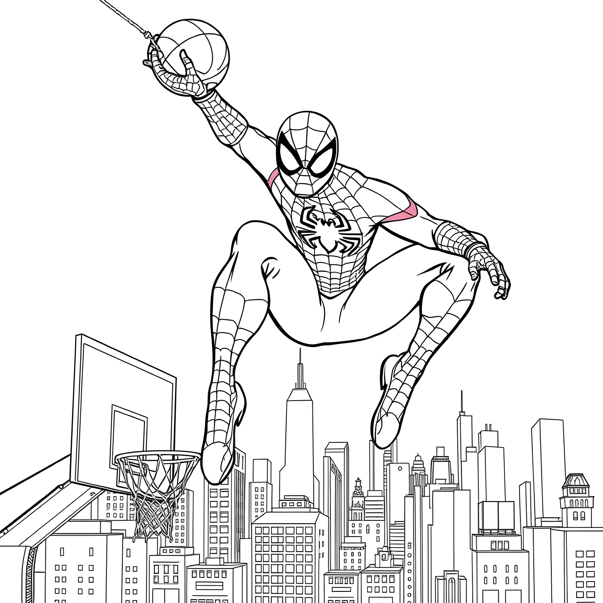 Spiderman performing daring web-slinging over cityscape Coloring Page (free black-and-white line drawing printable PDF for all, from beginners to advanced learners, including children, teens, adults, and seniors)