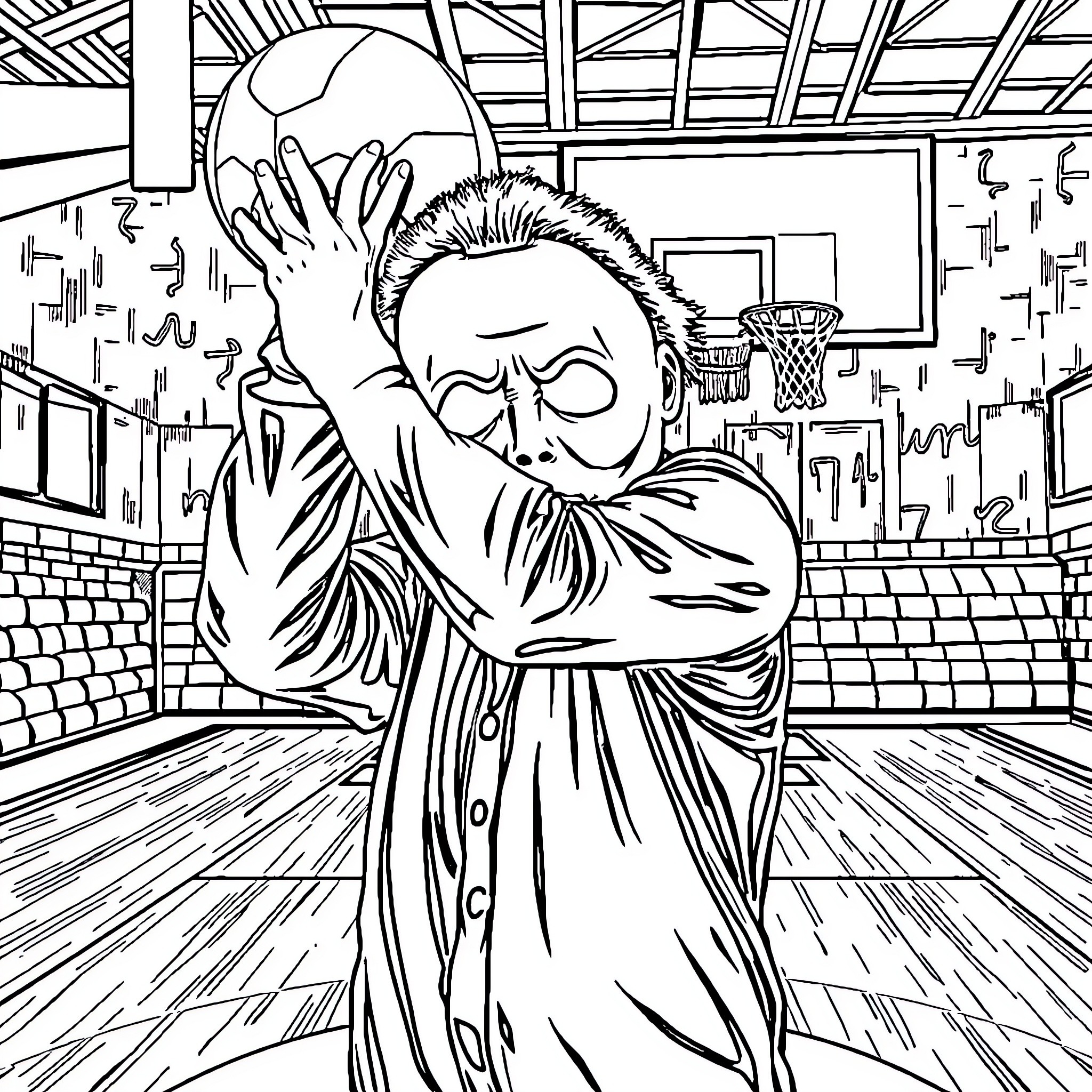 Michael Myers Terrorizes Basketball Court Coloring Page (free black-and-white line drawing printable PDF for all, from beginners to advanced learners, including children, teens, adults, and seniors)