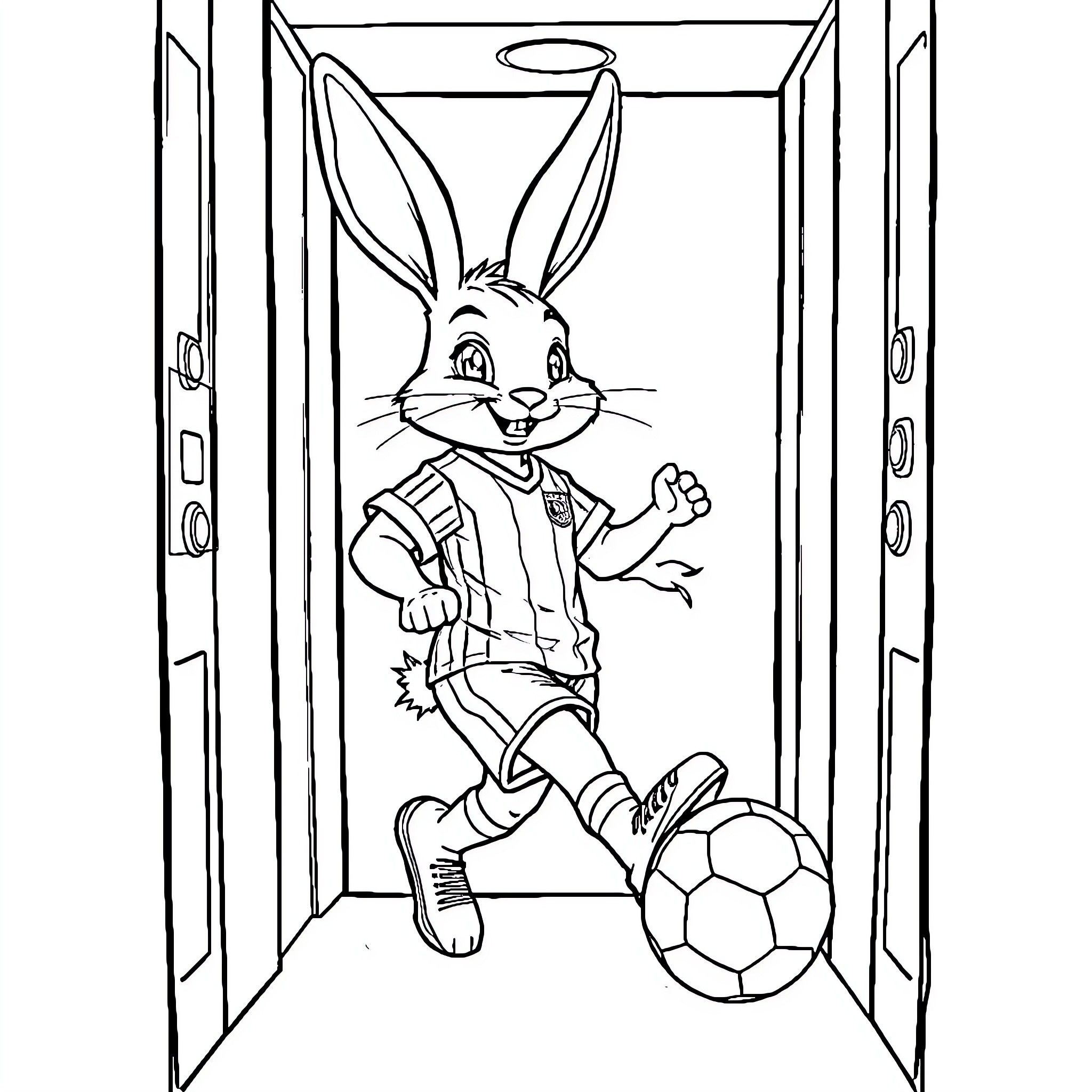 Bunny athlete playing with soccer ball Coloring Page (free black-and-white line drawing printable PDF for all, from beginners to advanced learners, including children, teens, adults, and seniors)