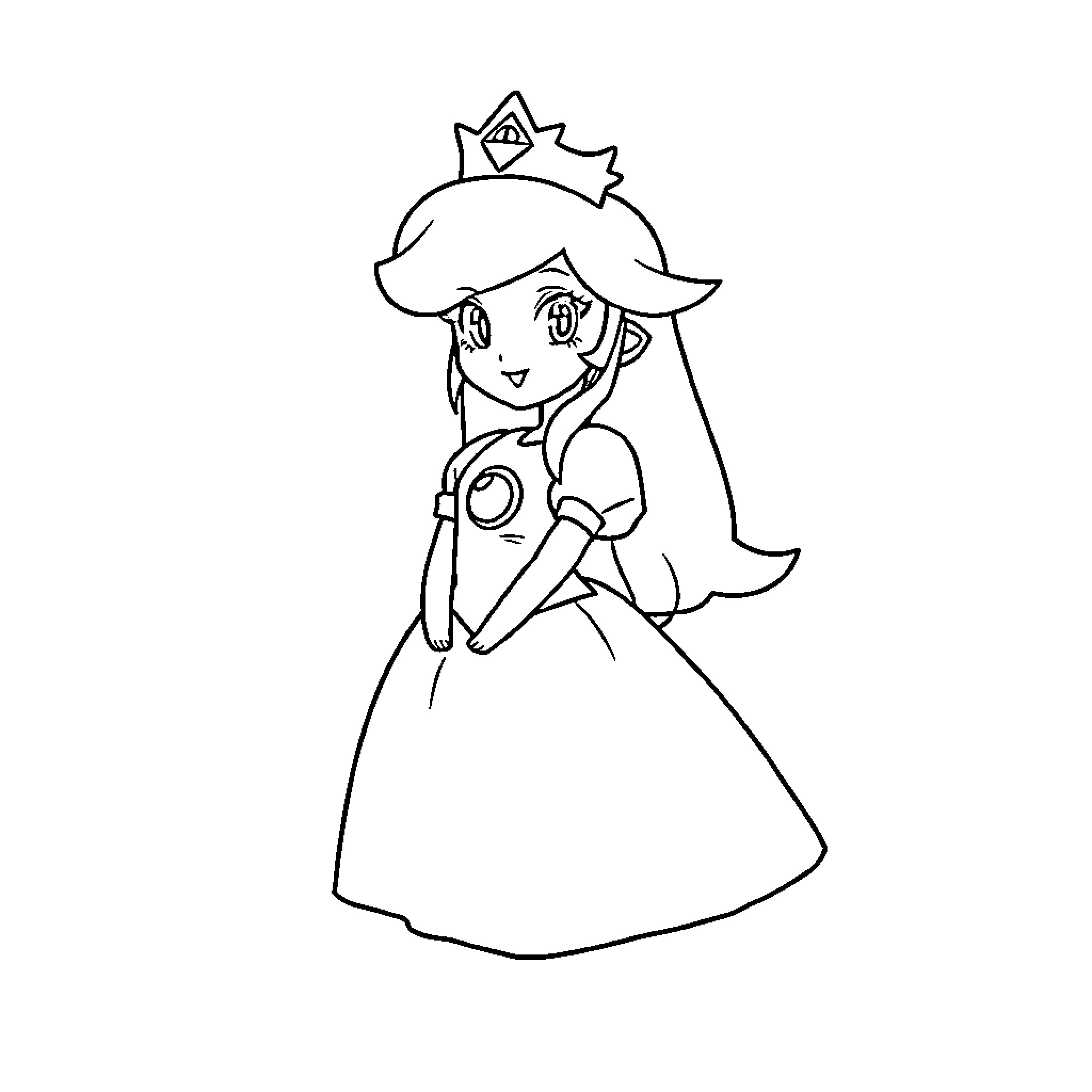 Princess in a Playful Pose Coloring Page (free black-and-white line drawing printable PDF for all, from beginners to advanced learners, including children, teens, adults, and seniors)