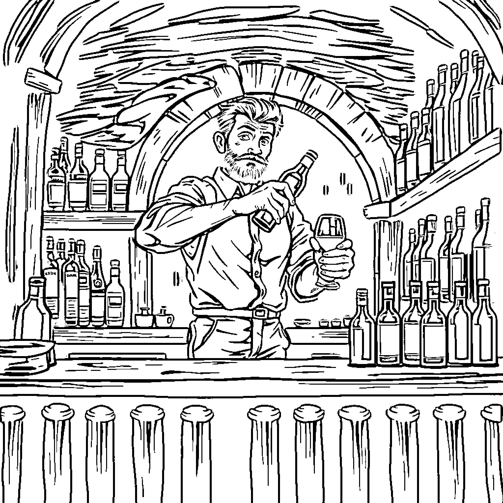 Bartender shaking a cocktail in a lively bar scene Coloring Page (free black-and-white line drawing printable PDF for all, from beginners to advanced learners, including children, teens, adults, and seniors)