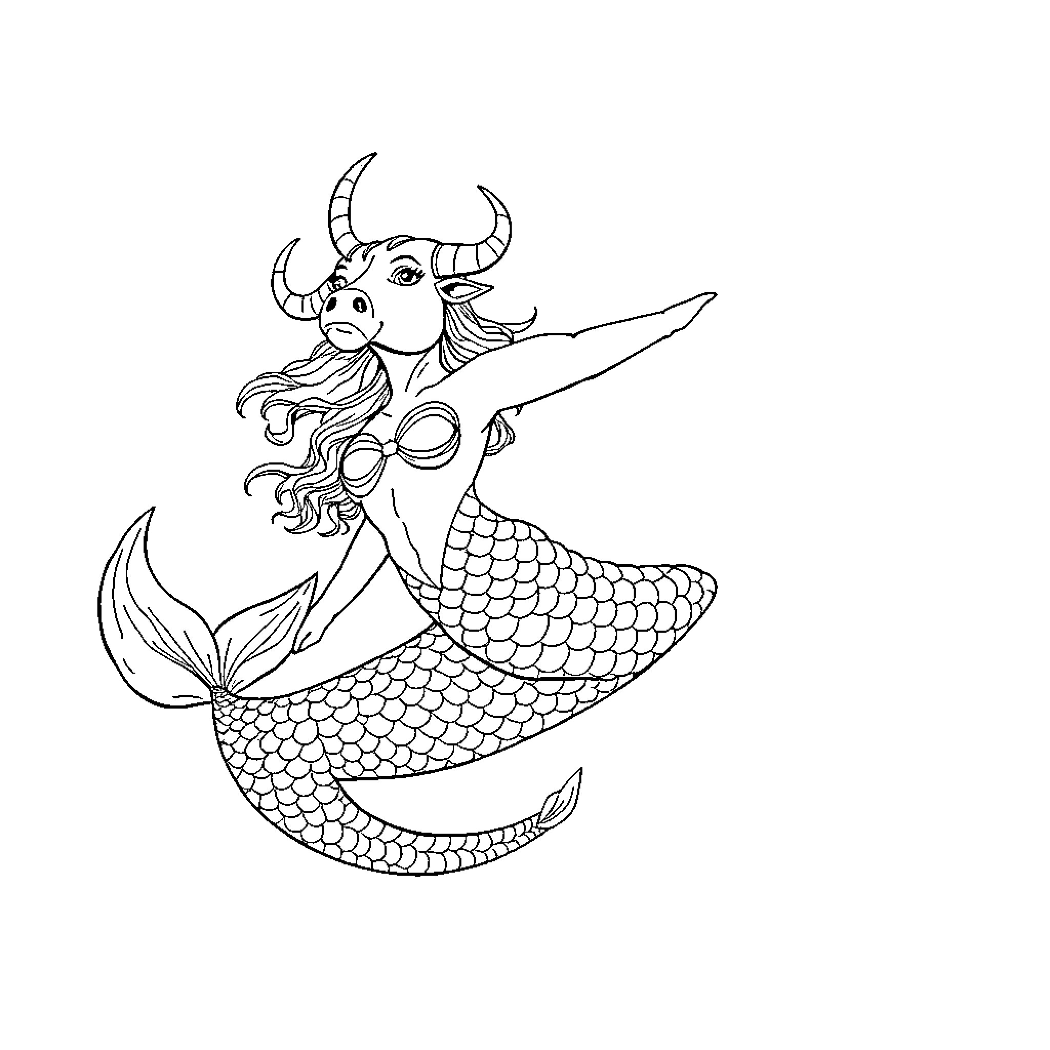 Mermaid swimming gracefully with horns Coloring Page (free black-and-white line drawing printable PDF for all, from beginners to advanced learners, including children, teens, adults, and seniors)