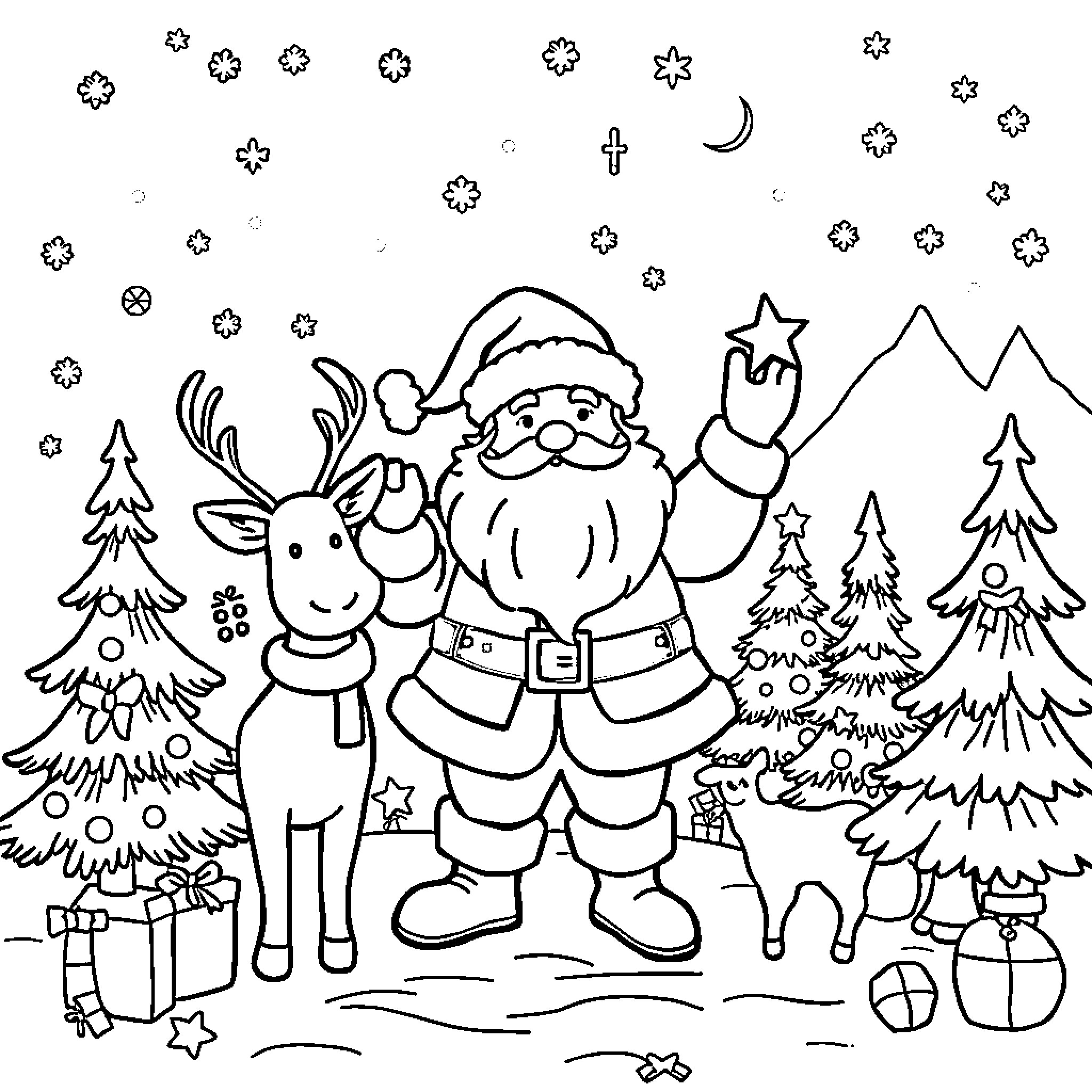 Christmas scene with Santa Claus and reindeer Coloring Page (free black-and-white line drawing printable PDF for all, from beginners to advanced learners, including children, teens, adults, and seniors)