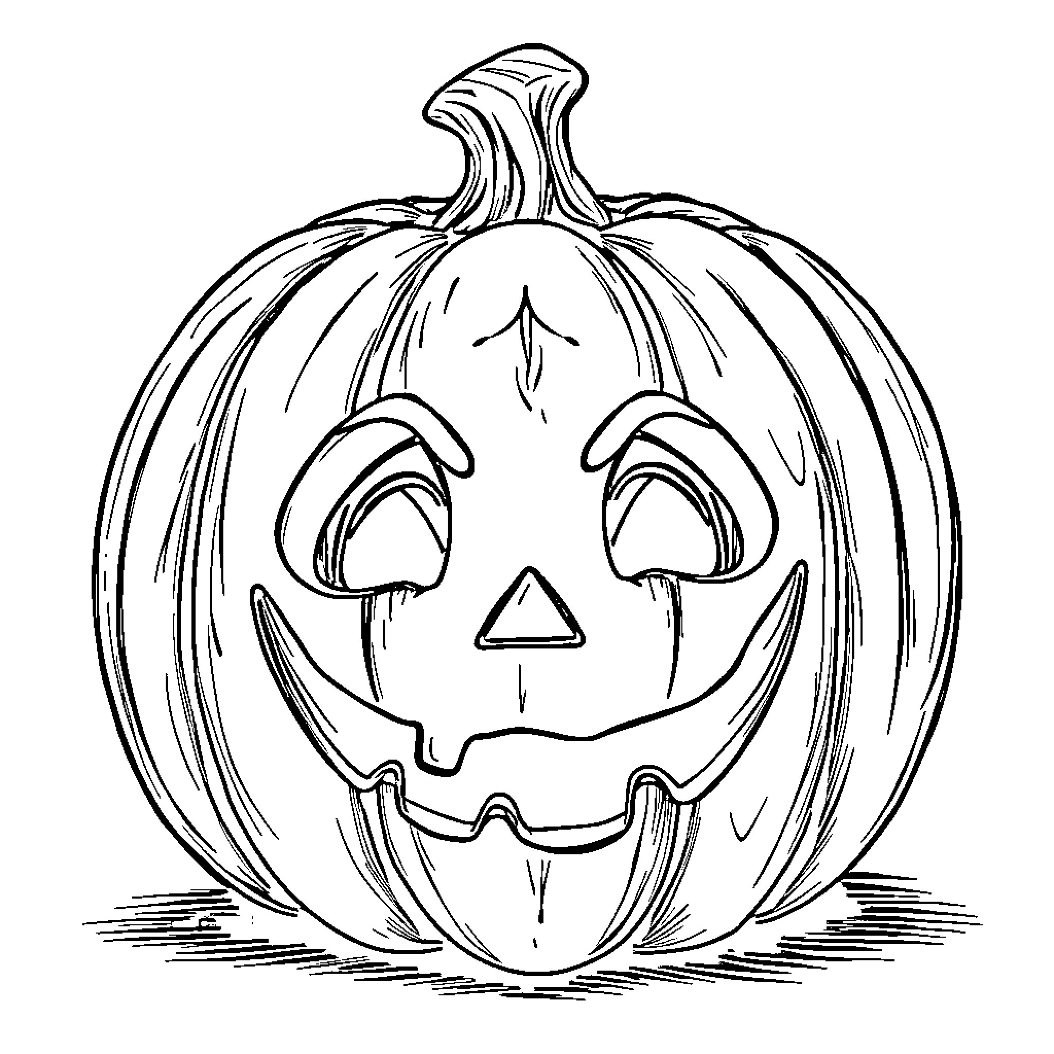 Pumpkin with a joyful carved face Coloring Page (free black-and-white line drawing printable PDF for all, from beginners to advanced learners, including children, teens, adults, and seniors)