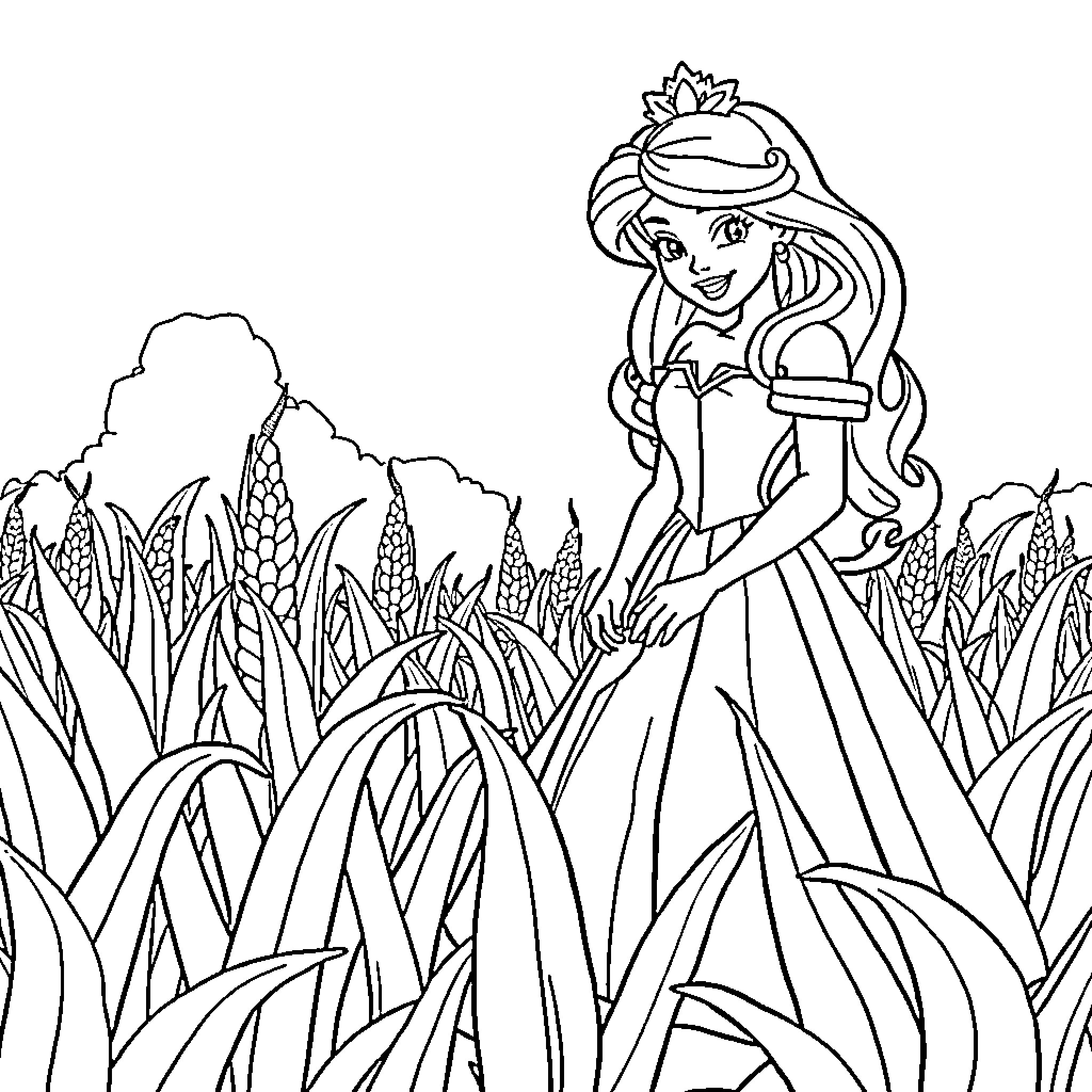 Disney Princess strolling through the meadow Coloring Page (free black-and-white line drawing printable PDF for all, from beginners to advanced learners, including children, teens, adults, and seniors)