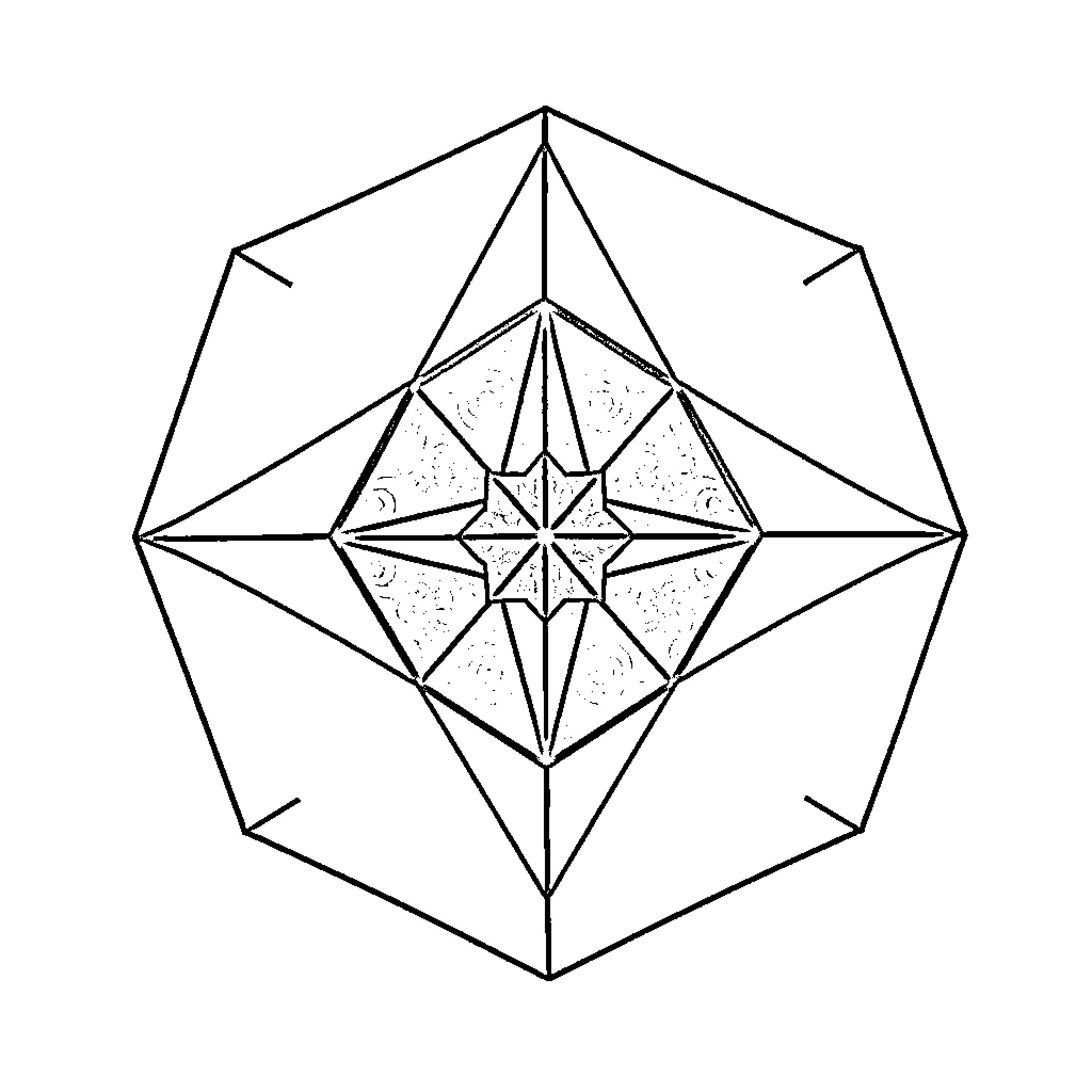 Tekacohedron with intricate geometric patterns Coloring Page (free black-and-white line drawing printable PDF for all, from beginners to advanced learners, including children, teens, adults, and seniors)