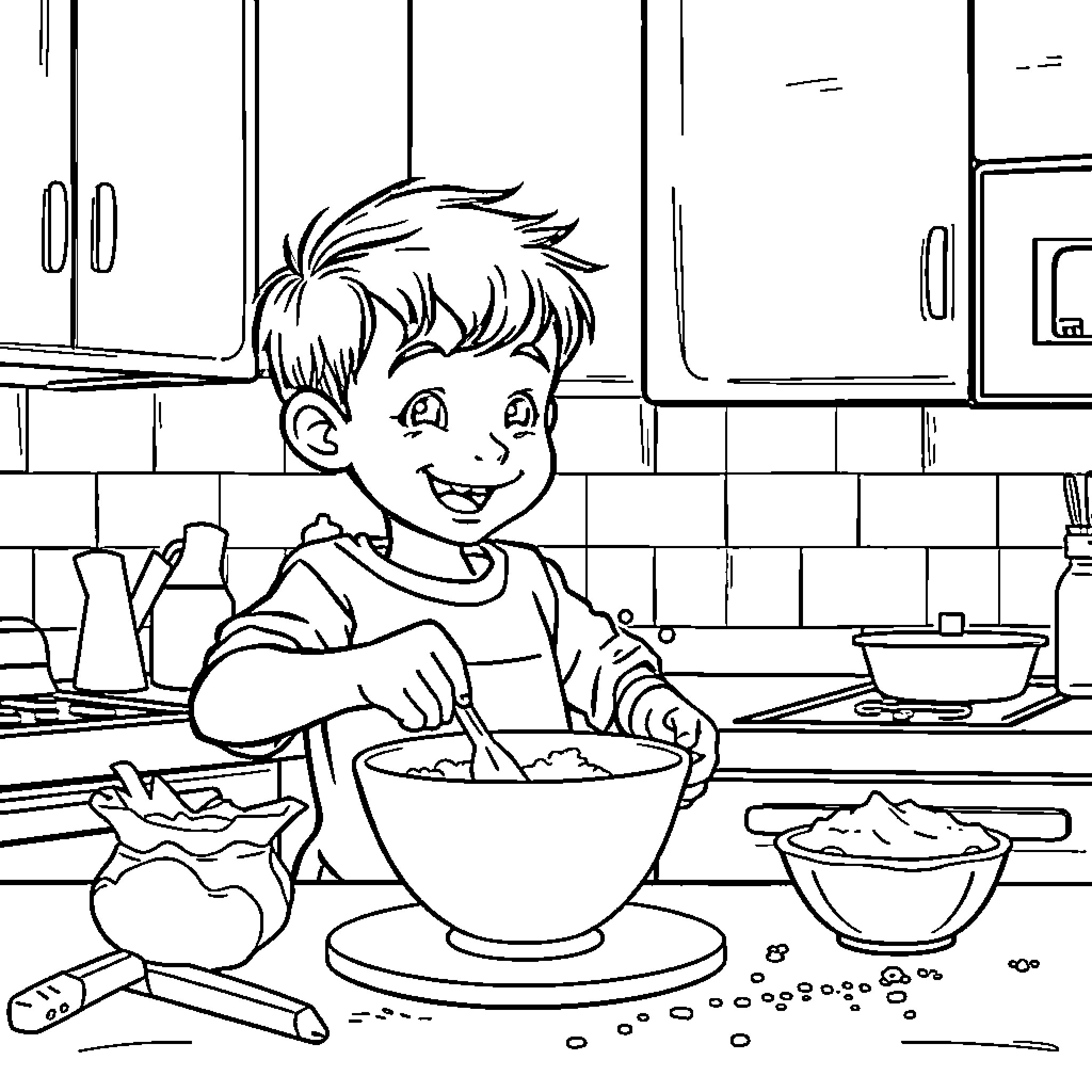 Boy happily cooking in the kitchen Coloring Page (free black-and-white line drawing printable PDF for all, from beginners to advanced learners, including children, teens, adults, and seniors)