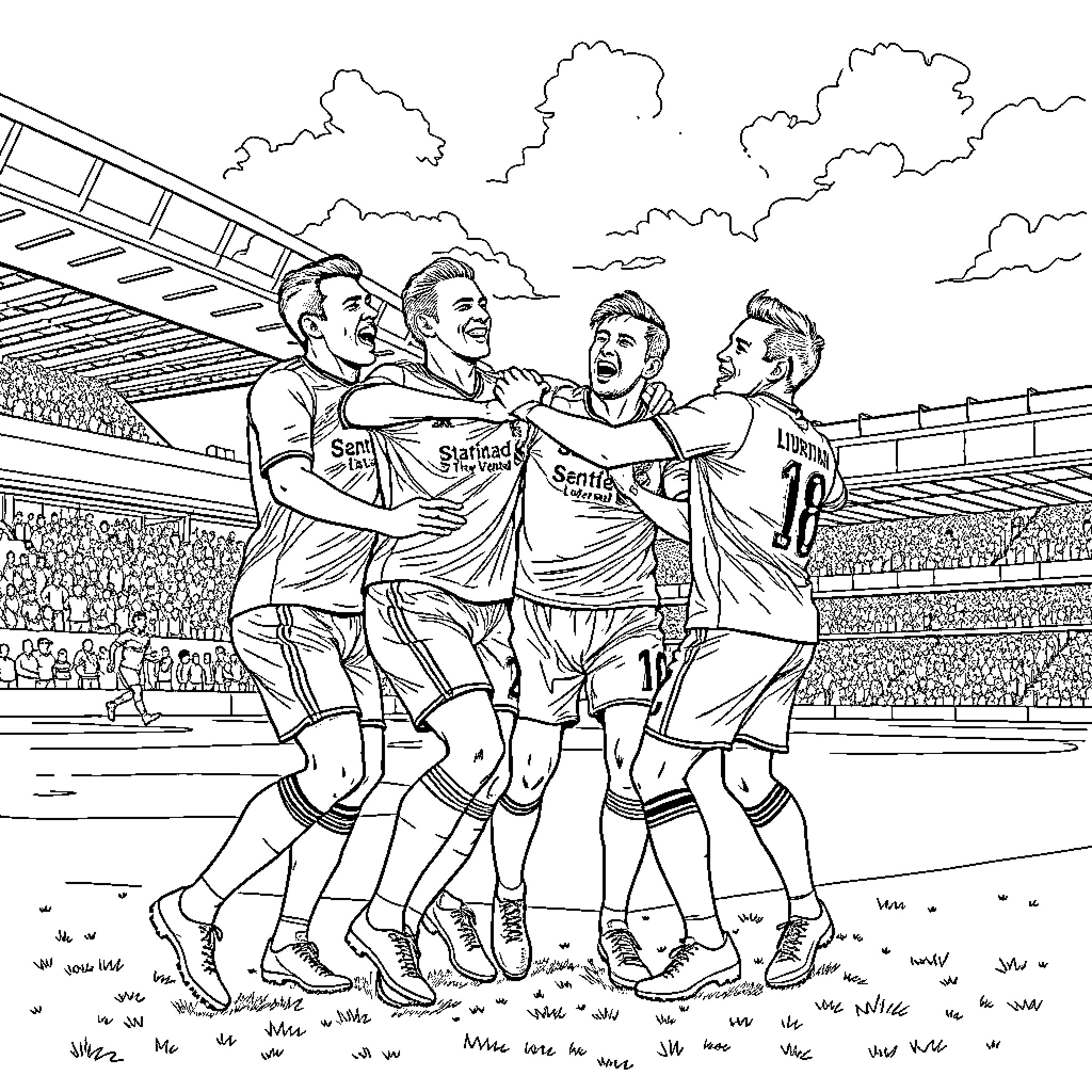 Liverpool players celebrating a goal on the field Coloring Page (free black-and-white line drawing printable PDF for all, from beginners to advanced learners, including children, teens, adults, and seniors)