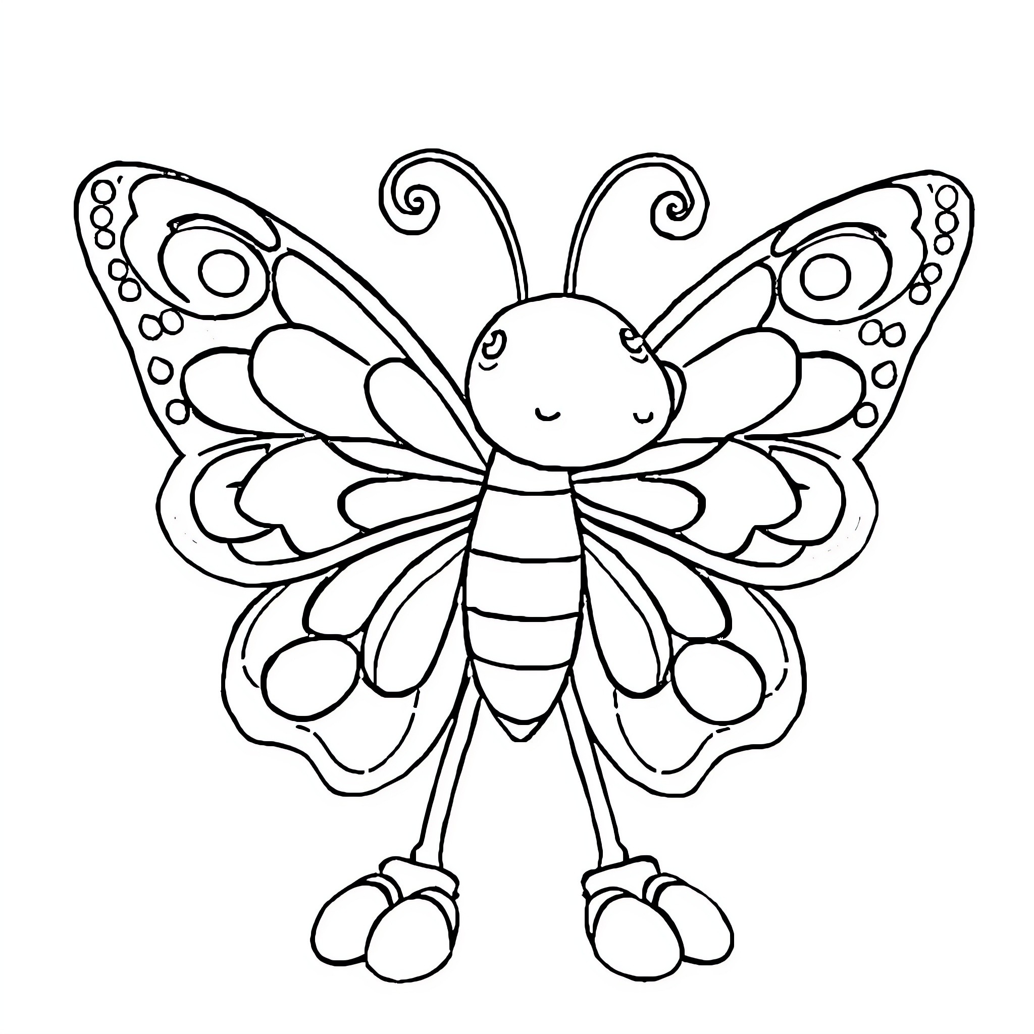 Butterfly with Whimsical Design and Expression Coloring Page (free black-and-white line drawing printable PDF for all, from beginners to advanced learners, including children, teens, adults, and seniors)