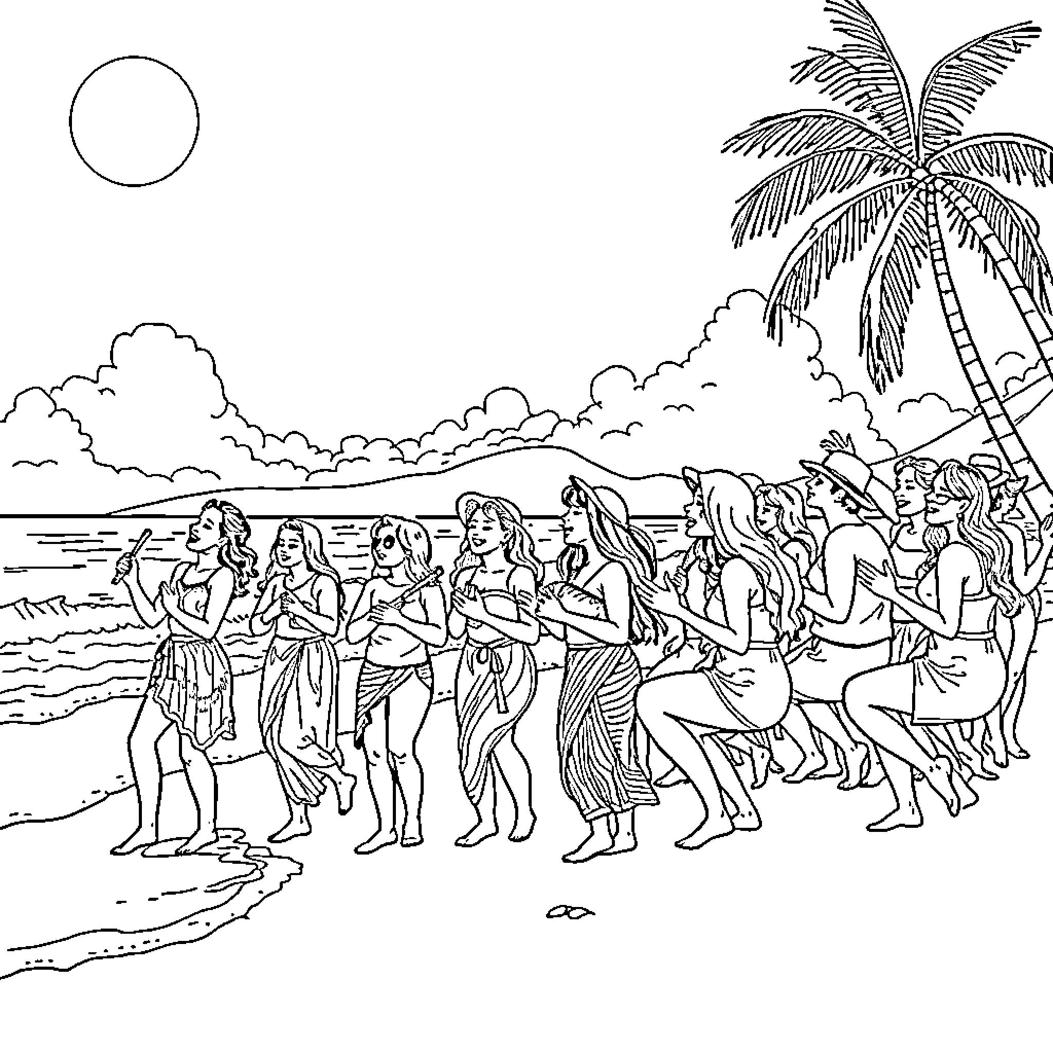 Beach party with lively dancers and palm trees Coloring Page (free black-and-white line drawing printable PDF for all, from beginners to advanced learners, including children, teens, adults, and seniors)