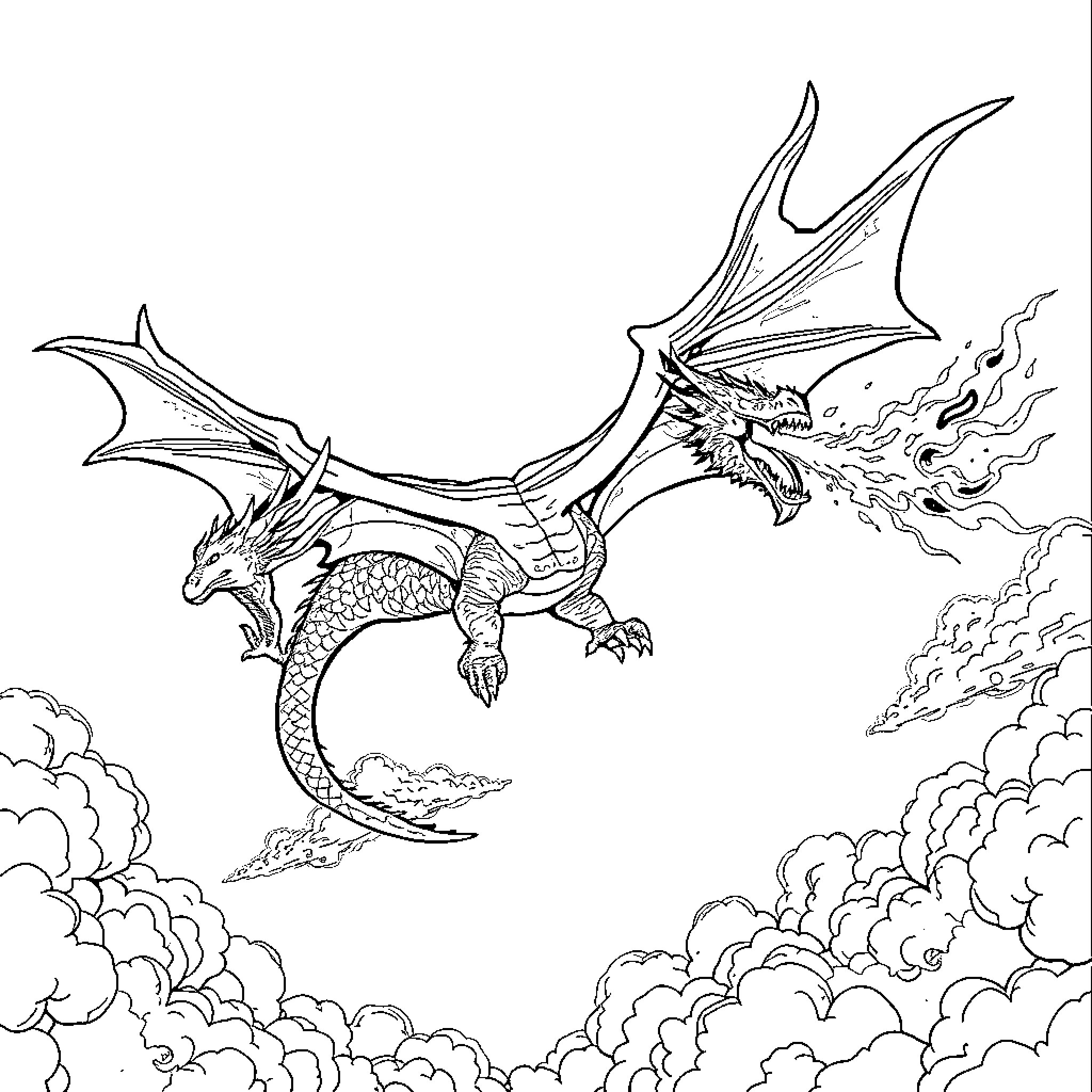 Dragon soaring through the clouds with fiery breath Coloring Page (free black-and-white line drawing printable PDF for all, from beginners to advanced learners, including children, teens, adults, and seniors)
