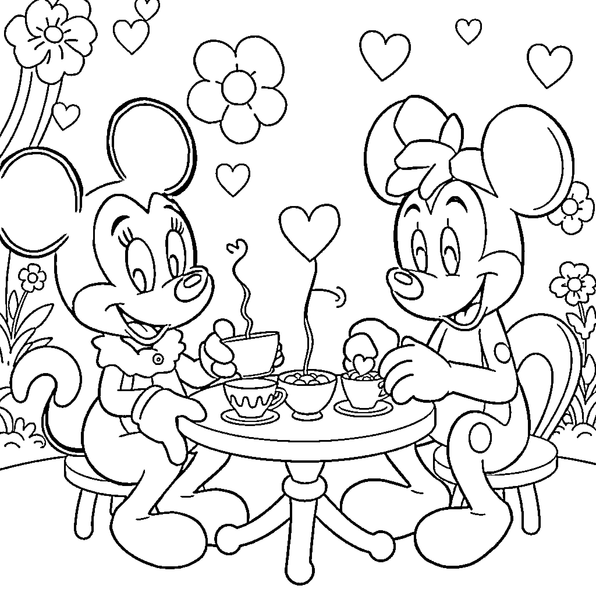 Bluey and Minnie enjoying a tea party together Coloring Page (free black-and-white line drawing printable PDF for all, from beginners to advanced learners, including children, teens, adults, and seniors)