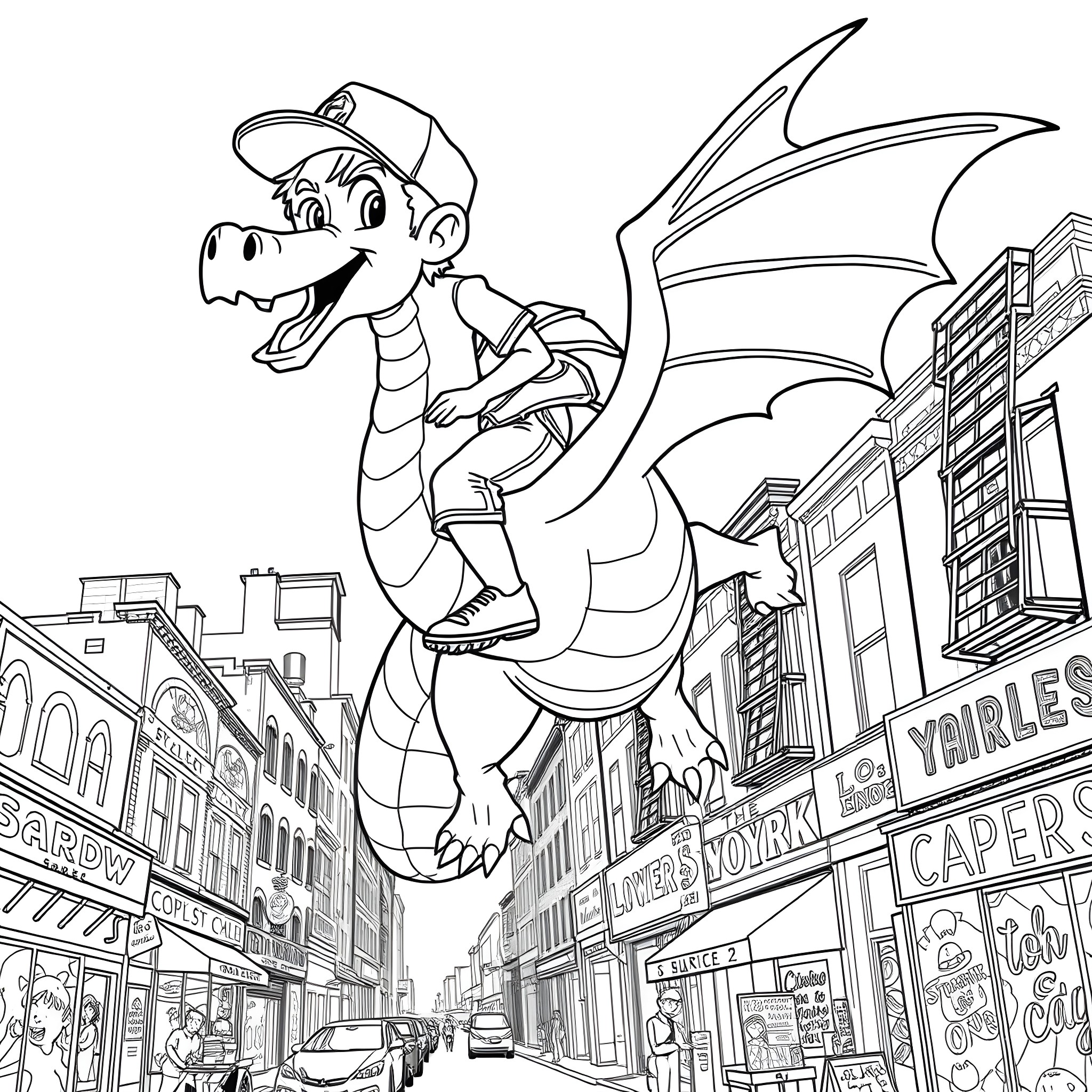 Boy riding a dragon through a city Coloring Page (free black-and-white line drawing printable PDF for all, from beginners to advanced learners, including children, teens, adults, and seniors)