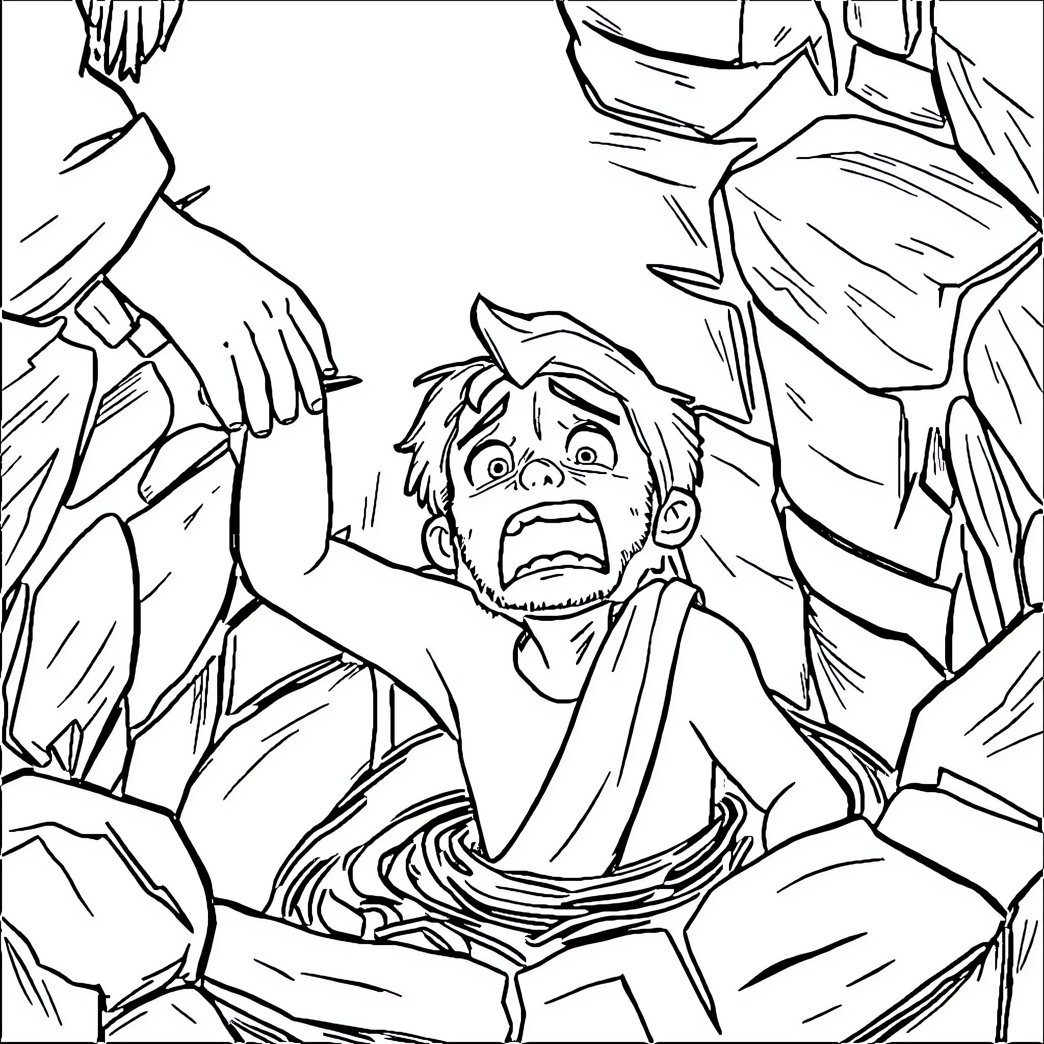 Joseph fighting against the falling boulders Coloring Page (free black-and-white line drawing printable PDF for all, from beginners to advanced learners, including children, teens, adults, and seniors)
