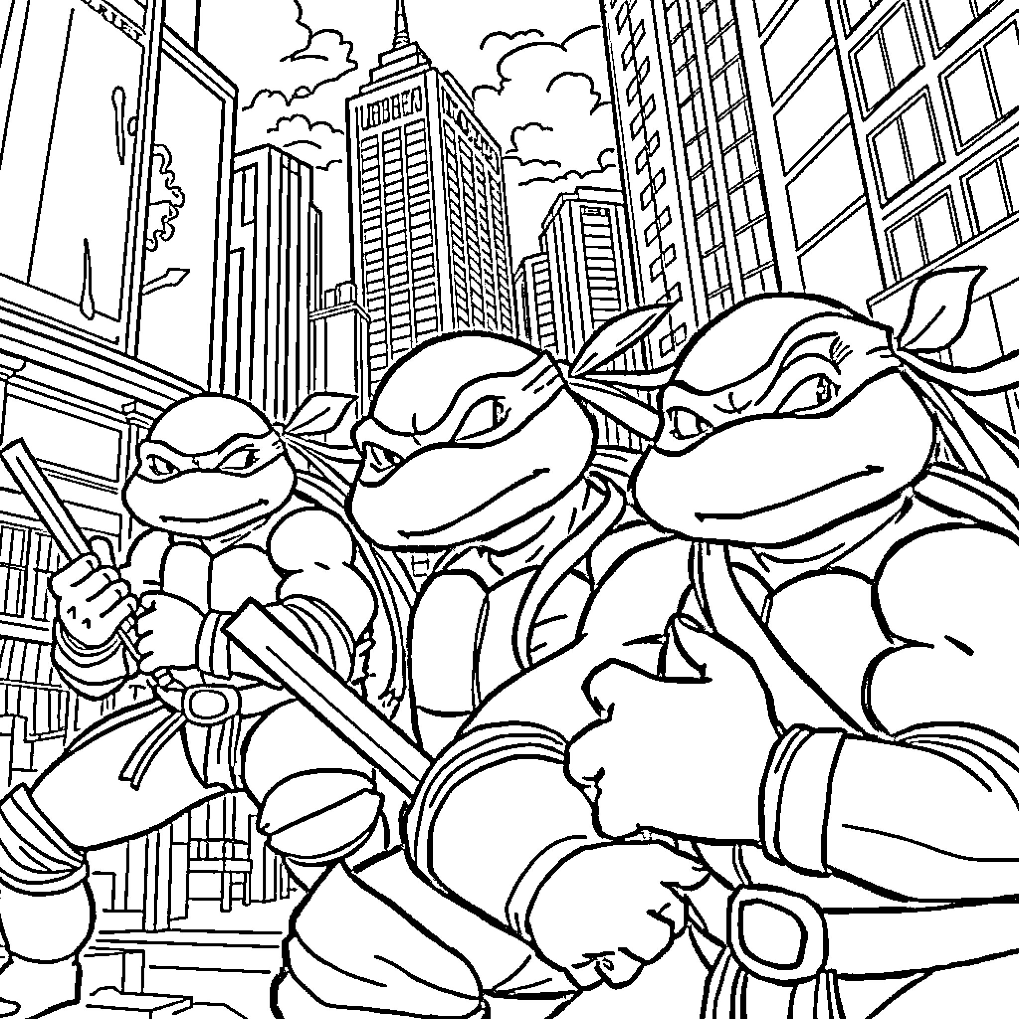 Ninja Turtles exploring the city skyline Coloring Page (free black-and-white line drawing printable PDF for all, from beginners to advanced learners, including children, teens, adults, and seniors)