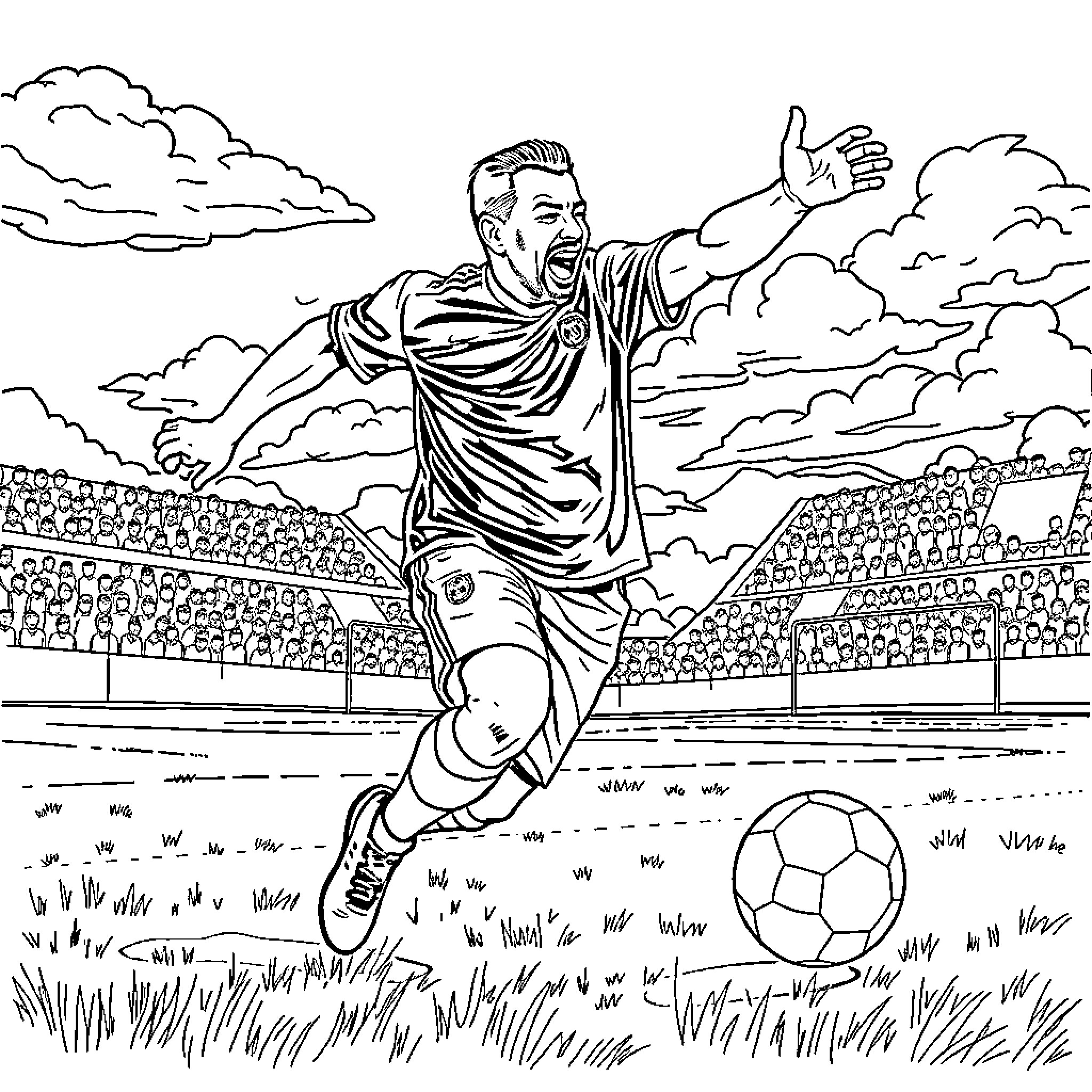 Daddy Yankee playing soccer in a stadium Coloring Page (free black-and-white line drawing printable PDF for all, from beginners to advanced learners, including children, teens, adults, and seniors)