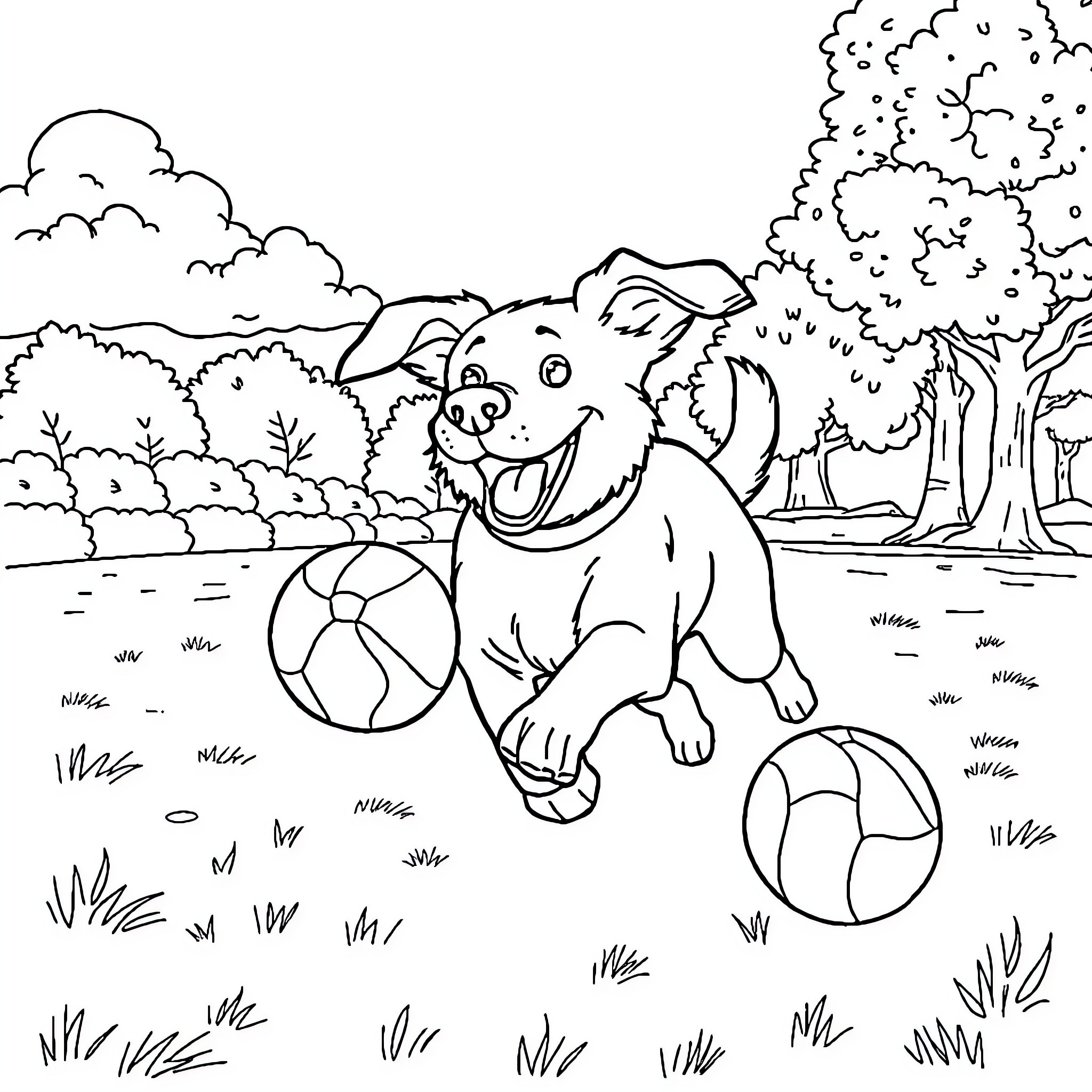 Dog happily playing with colorful balls in nature Coloring Page (free black-and-white line drawing printable PDF for all, from beginners to advanced learners, including children, teens, adults, and seniors)