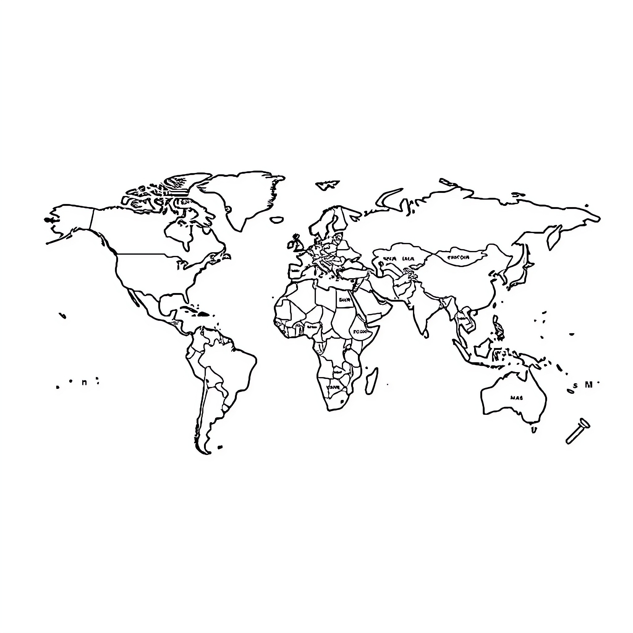 Continent Outlined World Map with Distinct Shapes Coloring Page (free black-and-white line drawing printable PDF for all, from beginners to advanced learners, including children, teens, adults, and seniors)