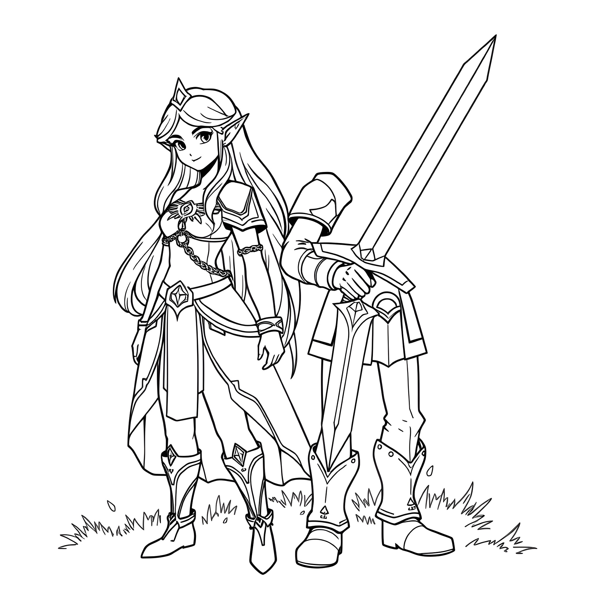 Zelda and her companion adventuring through the wilderness Coloring Page (free black-and-white line drawing printable PDF for all, from beginners to advanced learners, including children, teens, adults, and seniors)
