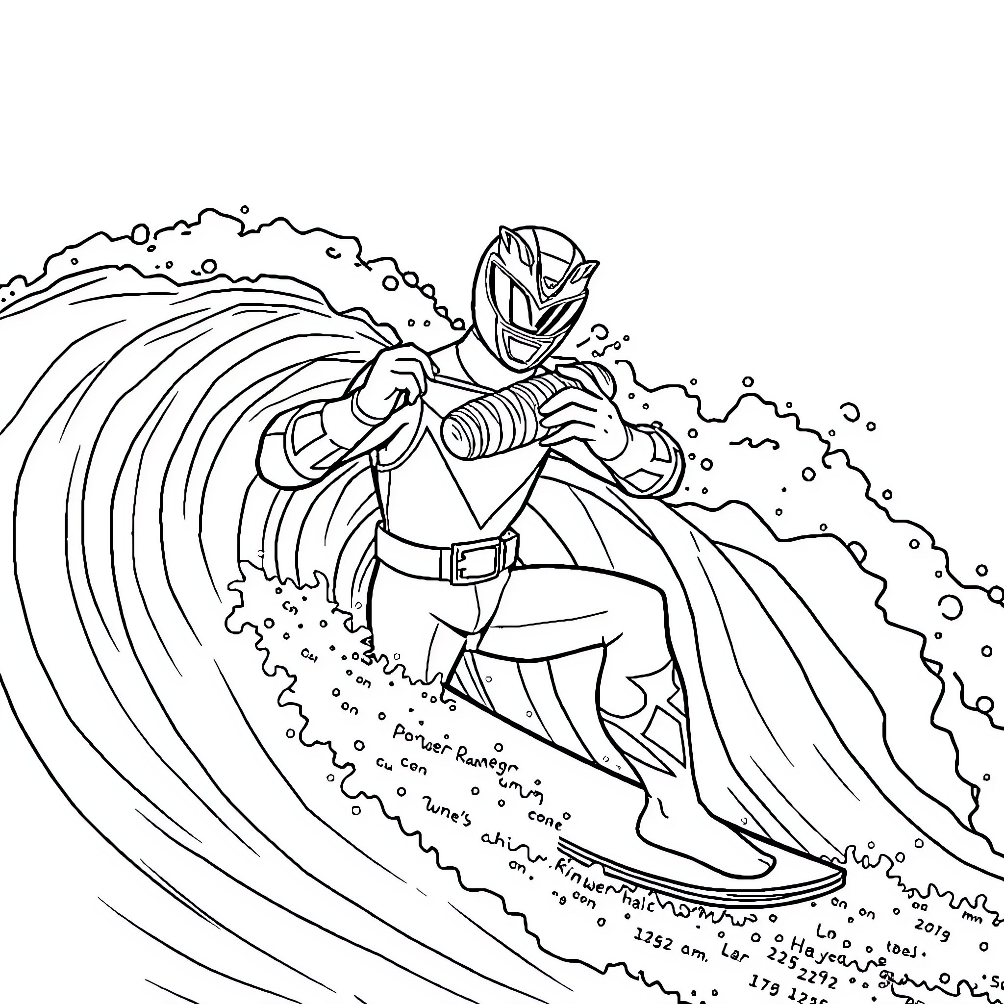 Power Ranger riding a giant wave Coloring Page (free black-and-white line drawing printable PDF for all, from beginners to advanced learners, including children, teens, adults, and seniors)