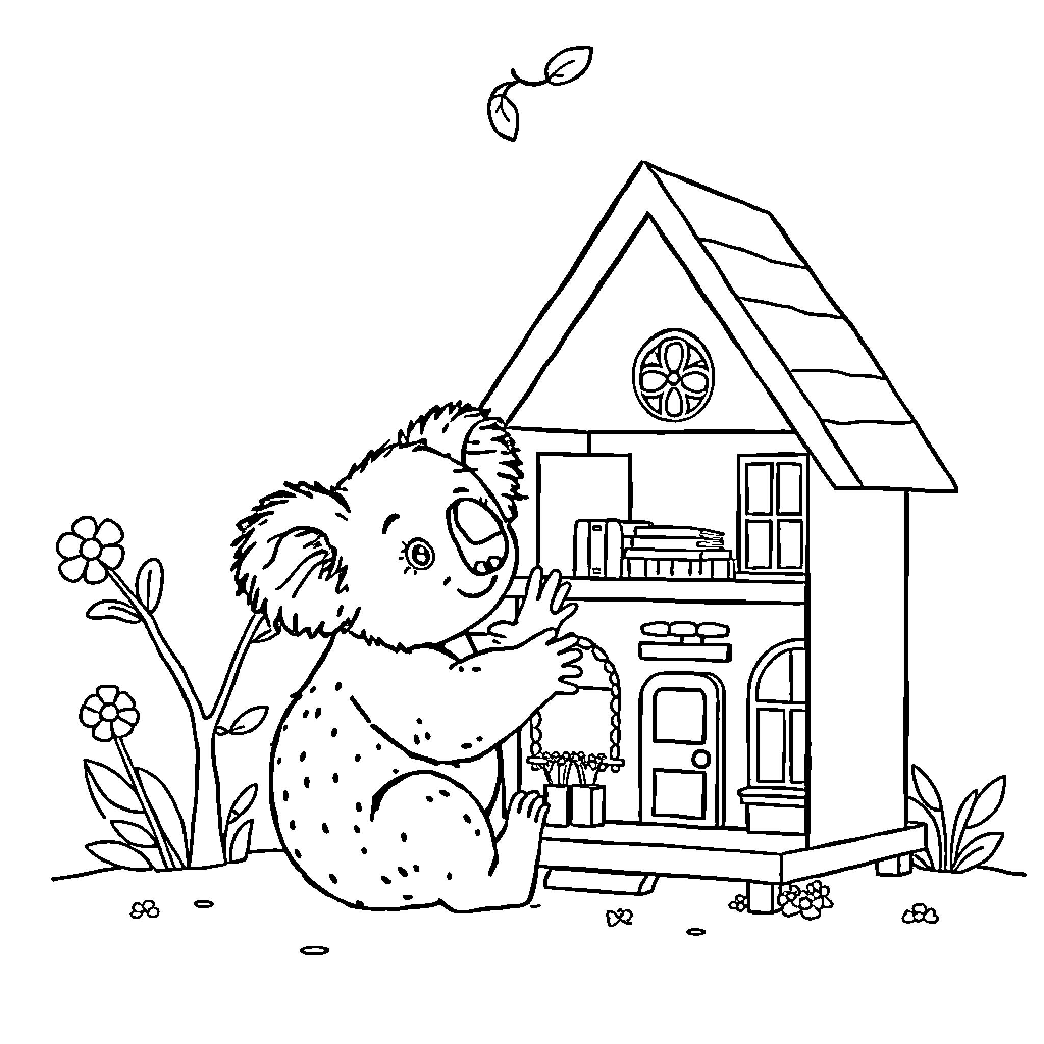 Koala exploring a cozy cottage in the garden Coloring Page (free black-and-white line drawing printable PDF for all, from beginners to advanced learners, including children, teens, adults, and seniors)