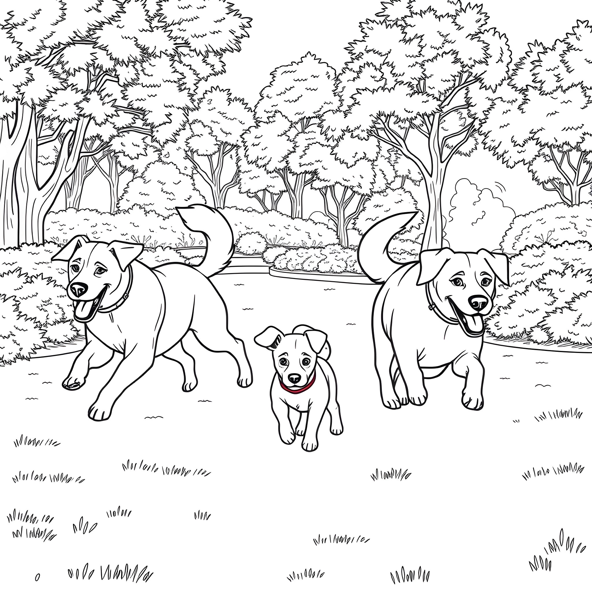 Dog Family Exploring the Enchanted Forest Coloring Page (free black-and-white line drawing printable PDF for all, from beginners to advanced learners, including children, teens, adults, and seniors)