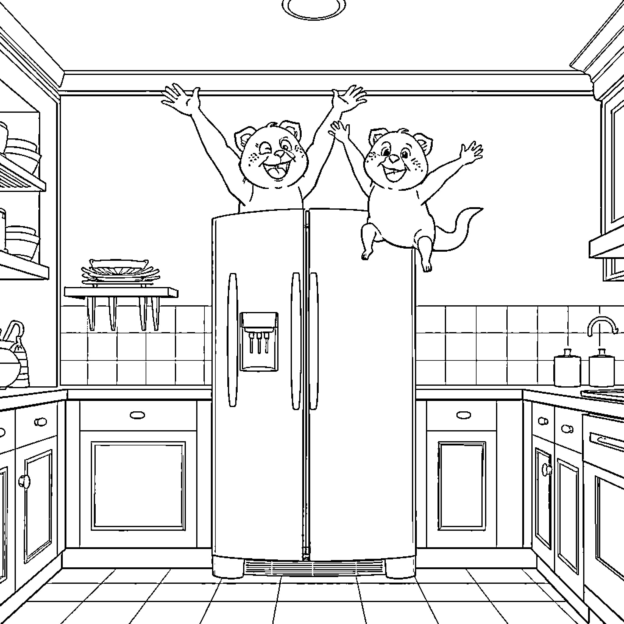 Bathweel Bears Enjoy Cheerful Kitchen Antics Coloring Page (free black-and-white line drawing printable PDF for all, from beginners to advanced learners, including children, teens, adults, and seniors)