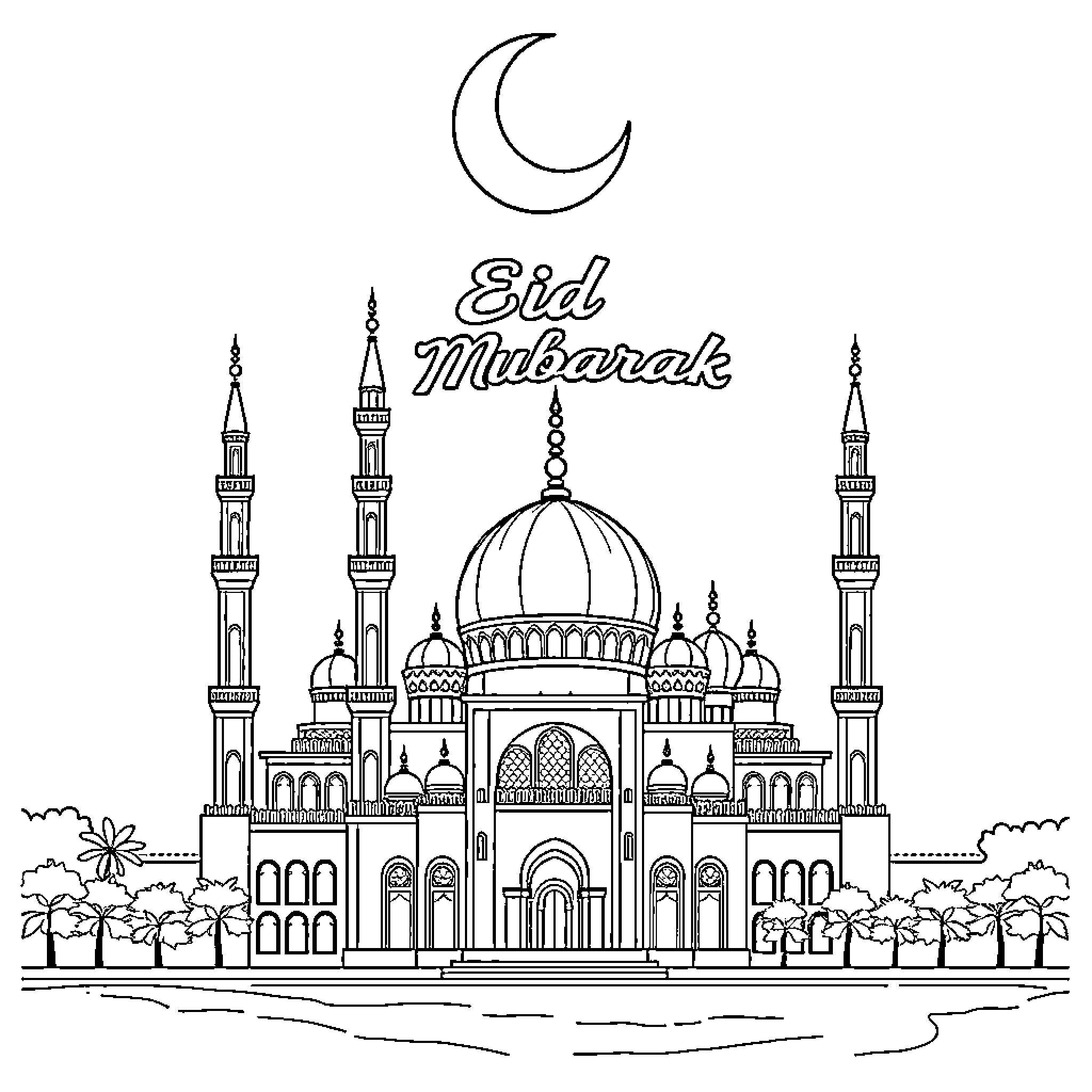 Mosque with Crescent Moon and Eid Mubarak Greeting Coloring Page (free black-and-white line drawing printable PDF for all, from beginners to advanced learners, including children, teens, adults, and seniors)