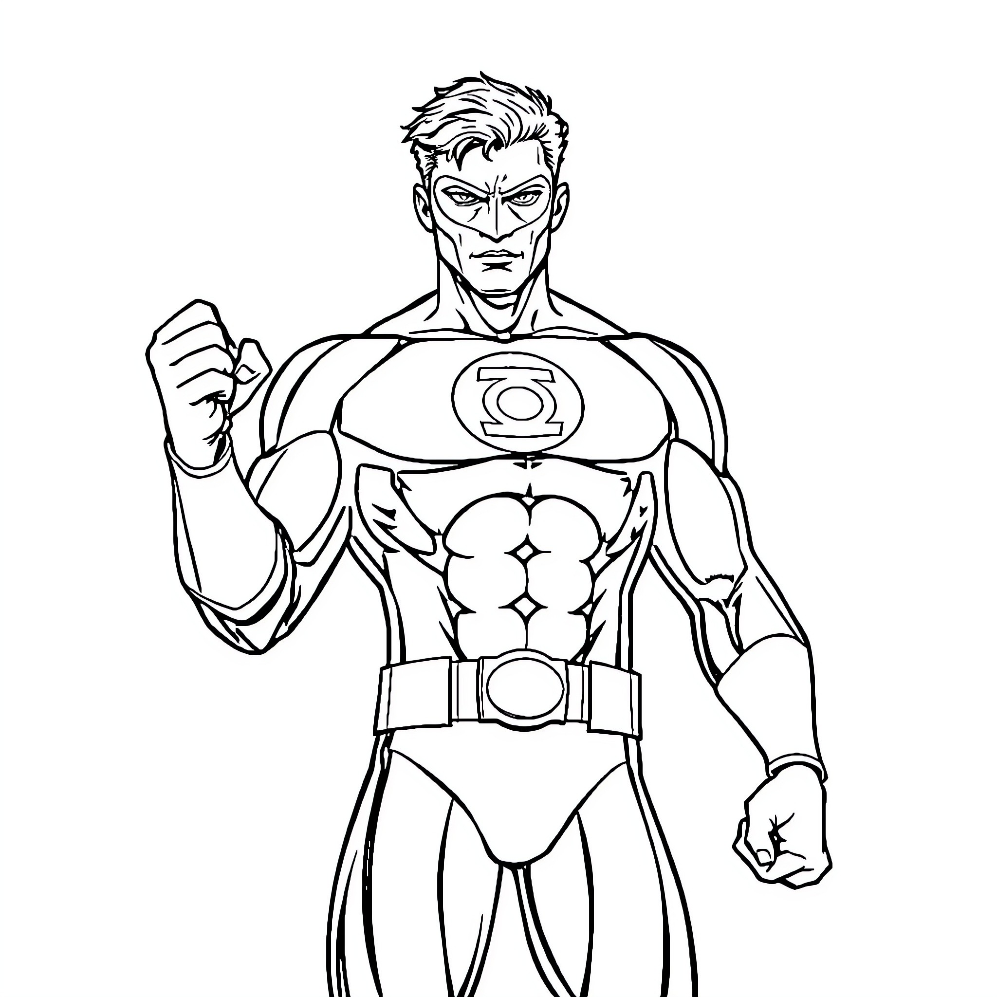 Green Lantern Heroic Pose and Stance Coloring Page (free black-and-white line drawing printable PDF for all, from beginners to advanced learners, including children, teens, adults, and seniors)