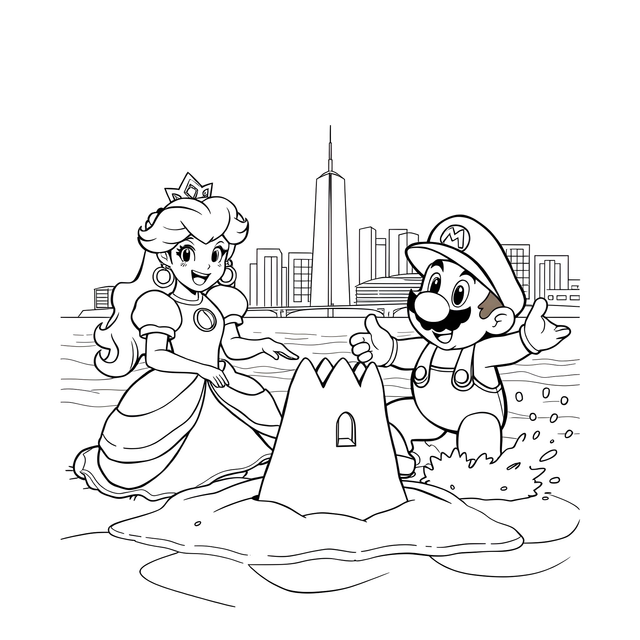 Princess and Plumber Build Sandcastle in the City Coloring Page (free black-and-white line drawing printable PDF for all, from beginners to advanced learners, including children, teens, adults, and seniors)