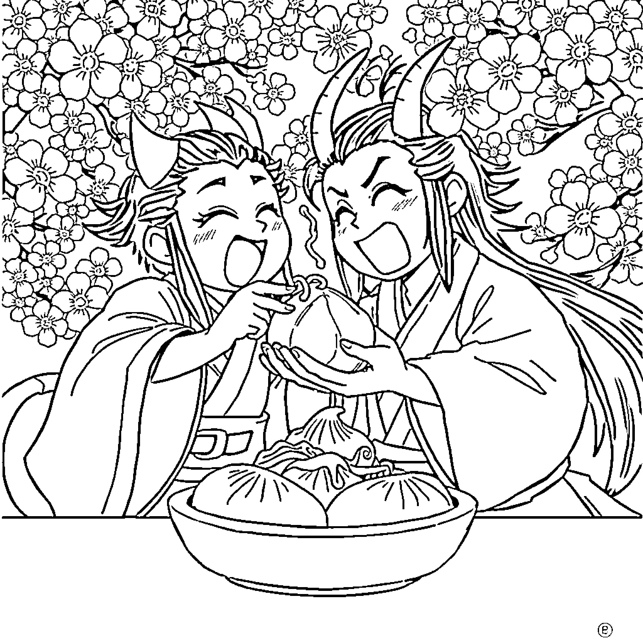 Nezuko enjoying traditional meal with sibling Coloring Page (free black-and-white line drawing printable PDF for all, from beginners to advanced learners, including children, teens, adults, and seniors)