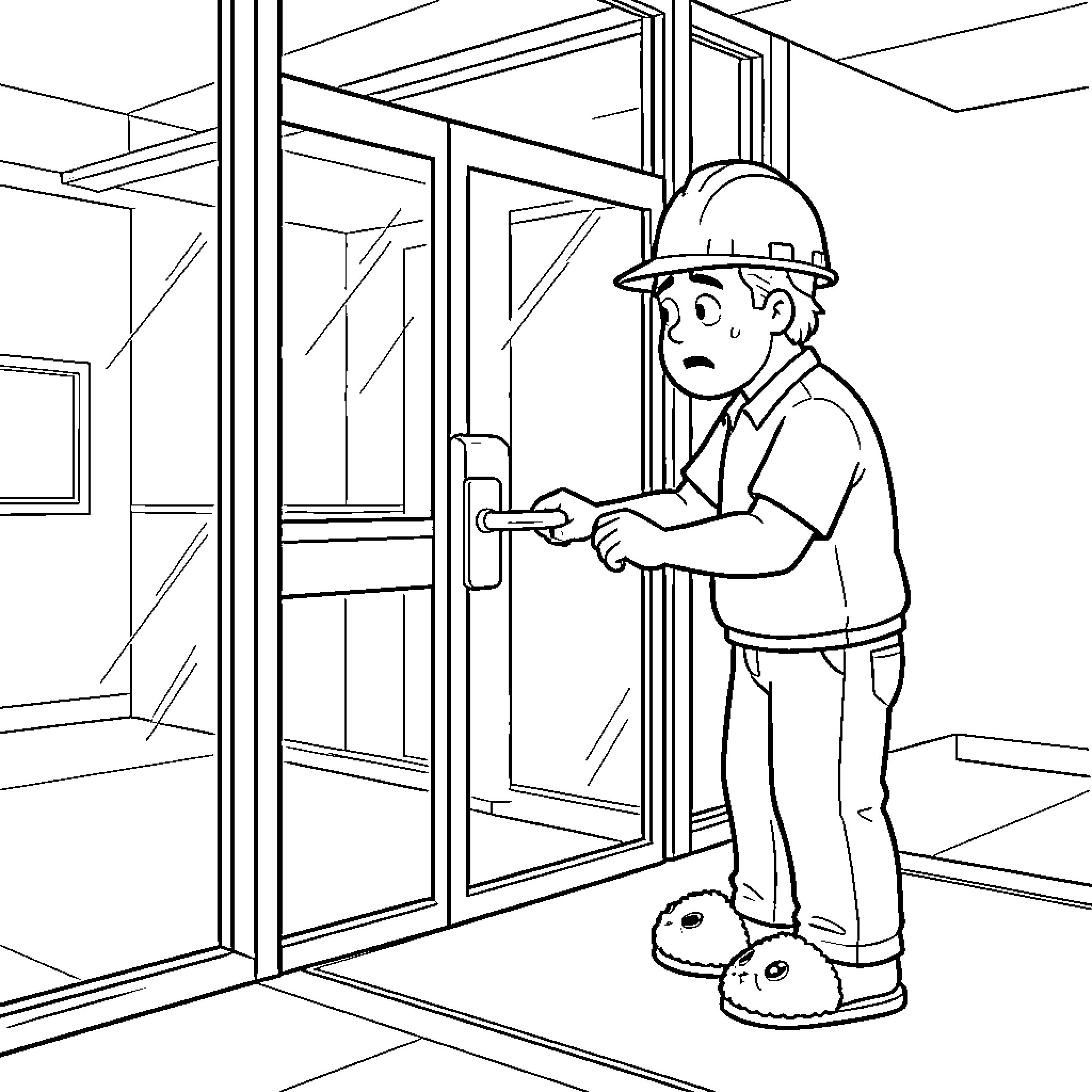 Door being pulled by a worried construction worker Coloring Page (free black-and-white line drawing printable PDF for all, from beginners to advanced learners, including children, teens, adults, and seniors)