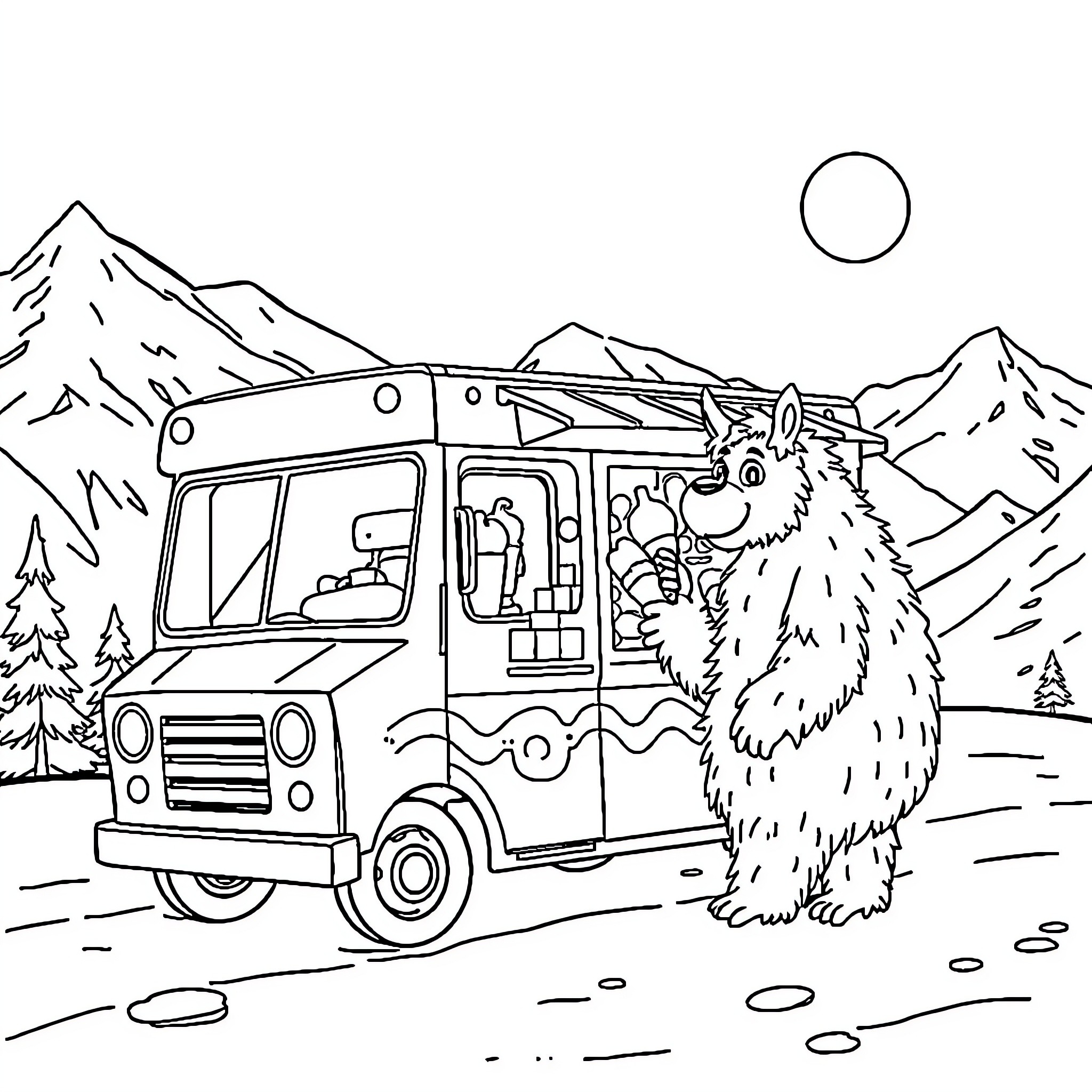 Ice Cream Truck Serving Treats in the Mountains Coloring Page (free black-and-white line drawing printable PDF for all, from beginners to advanced learners, including children, teens, adults, and seniors)