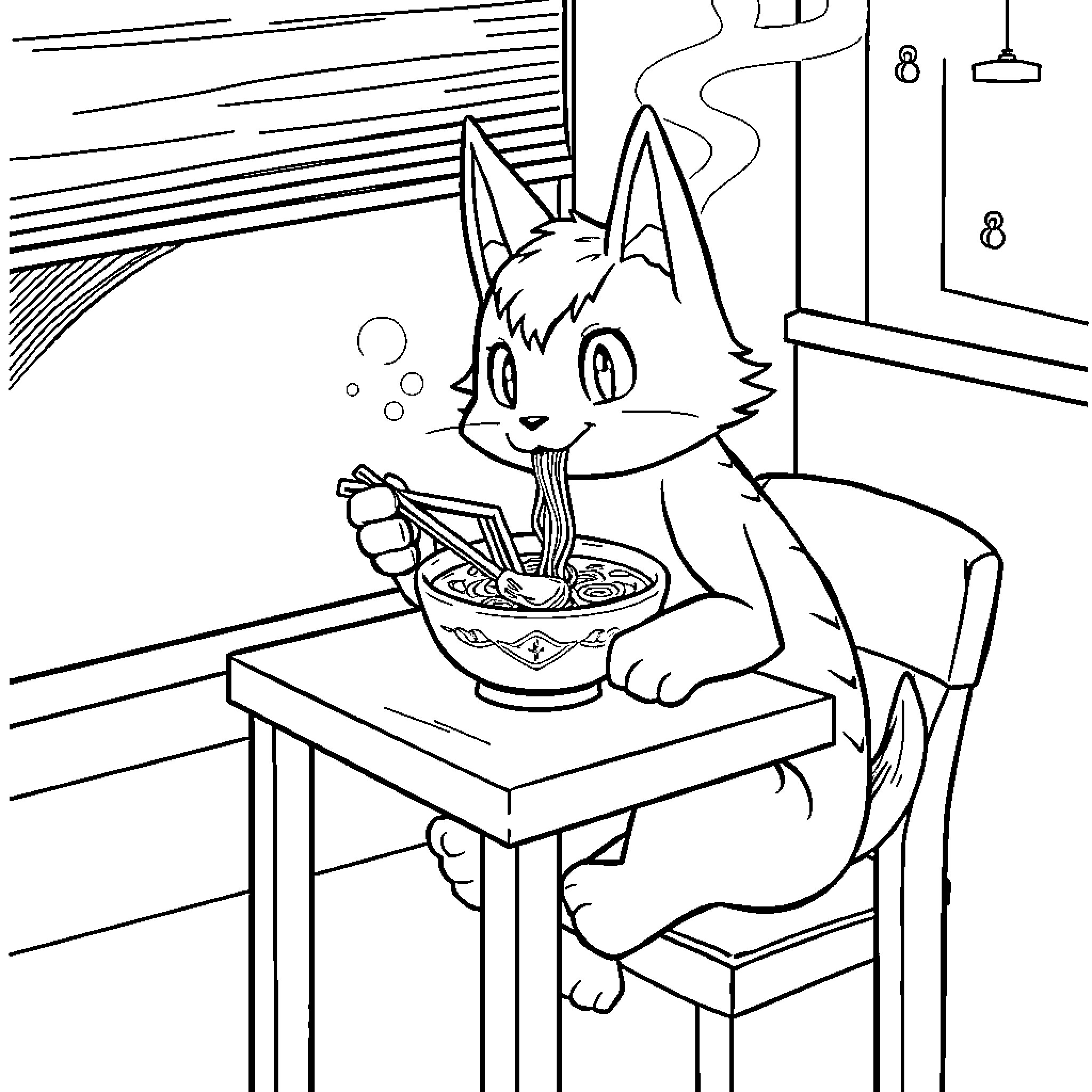 Huntrix Enjoying a Delightful Meal Coloring Page (free black-and-white line drawing printable PDF for all, from beginners to advanced learners, including children, teens, adults, and seniors)