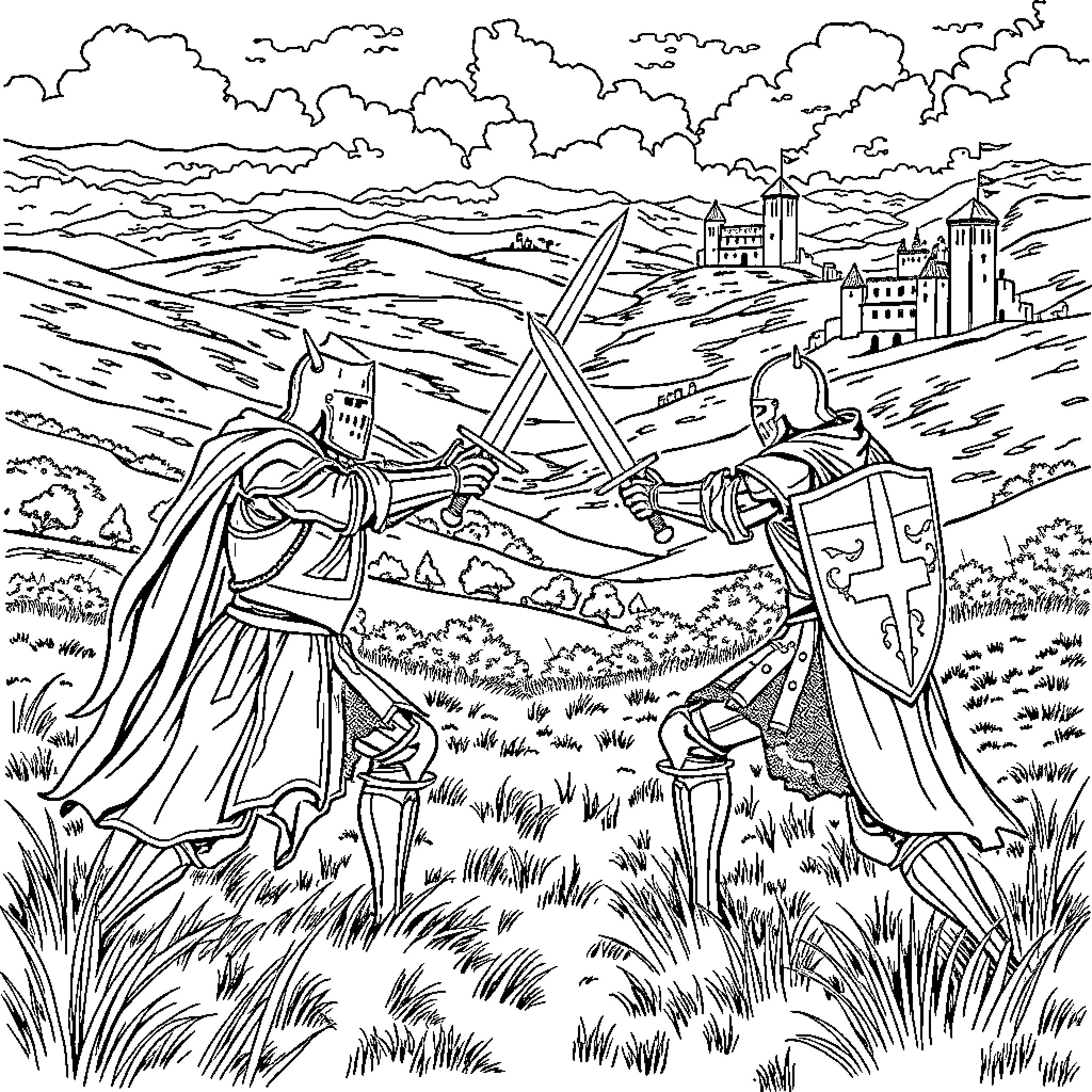 Knight Combatants in a Scenic Medieval Landscape Coloring Page (free black-and-white line drawing printable PDF for all, from beginners to advanced learners, including children, teens, adults, and seniors)