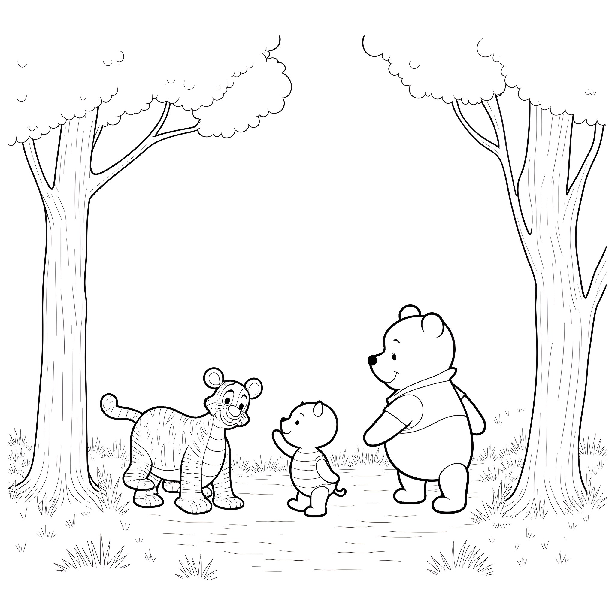 Winnie The Pooh and friends exploring the forest Coloring Page (free black-and-white line drawing printable PDF for all, from beginners to advanced learners, including children, teens, adults, and seniors)