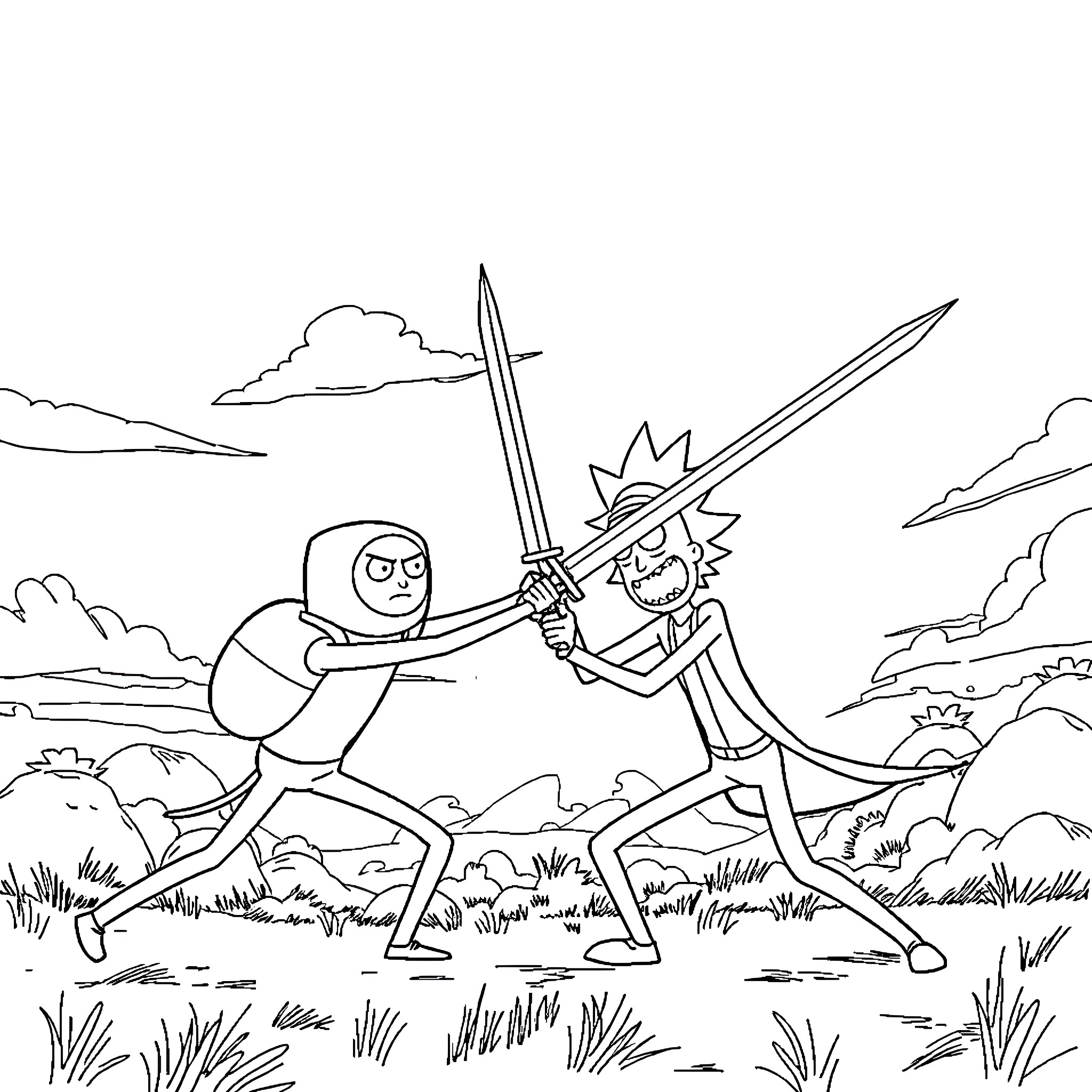 Character Sword Fighting on Battlefield Coloring Page (free black-and-white line drawing printable PDF for all, from beginners to advanced learners, including children, teens, adults, and seniors)