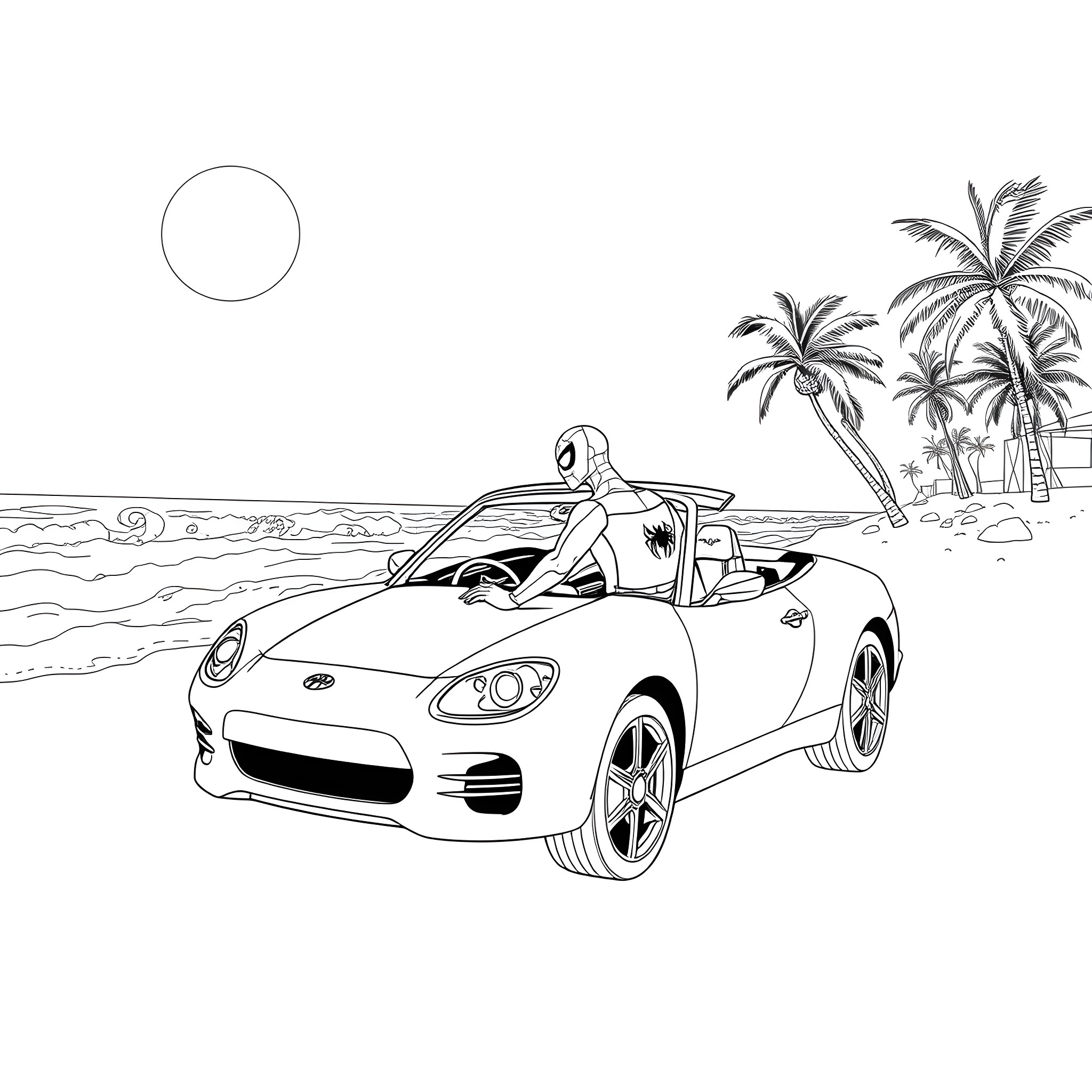 Spiderman cruising in a sports car on the beach Coloring Page (free black-and-white line drawing printable PDF for all, from beginners to advanced learners, including children, teens, adults, and seniors)
