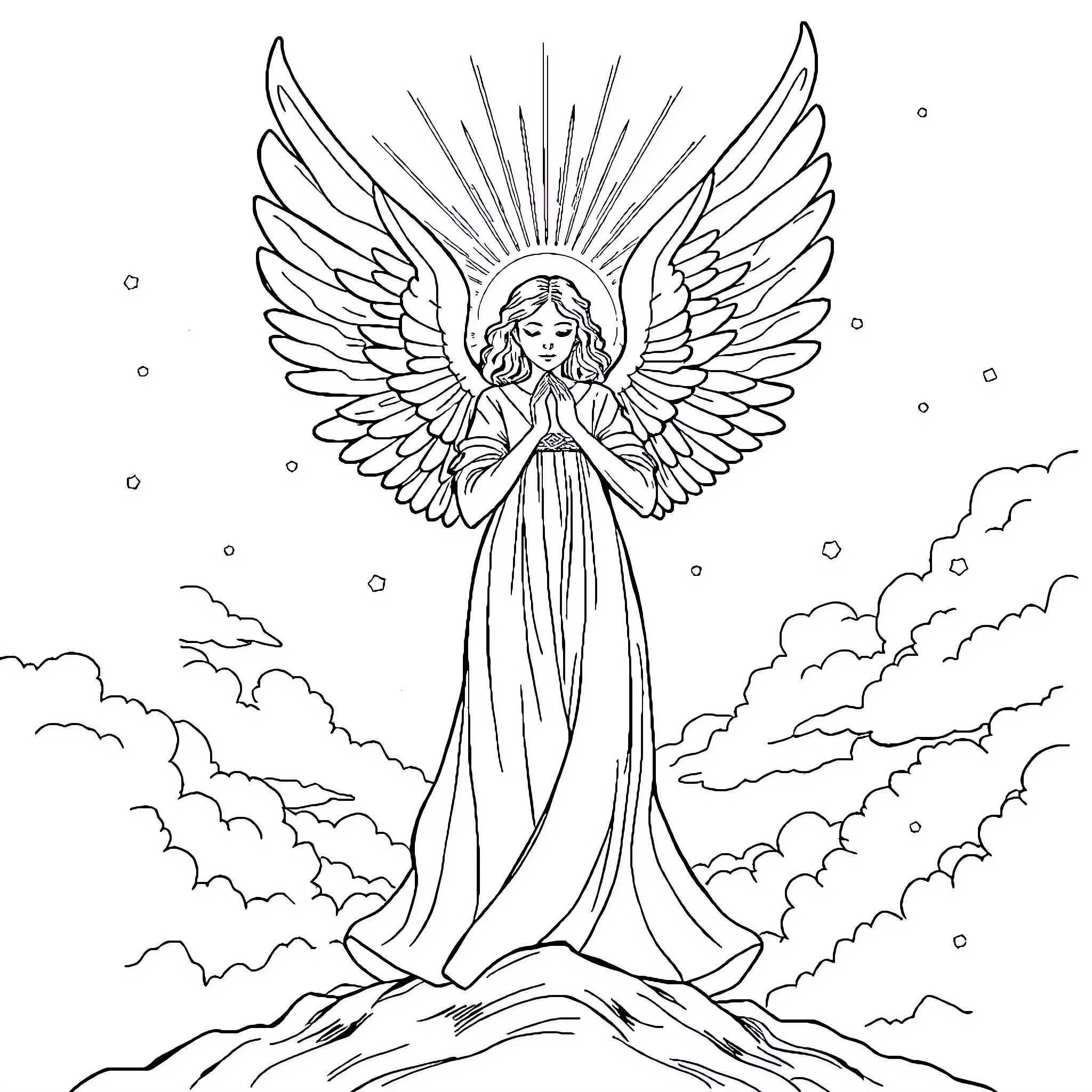 Angel of Radiance Ascending in Serene Skies Coloring Page (free black-and-white line drawing printable PDF for all, from beginners to advanced learners, including children, teens, adults, and seniors)