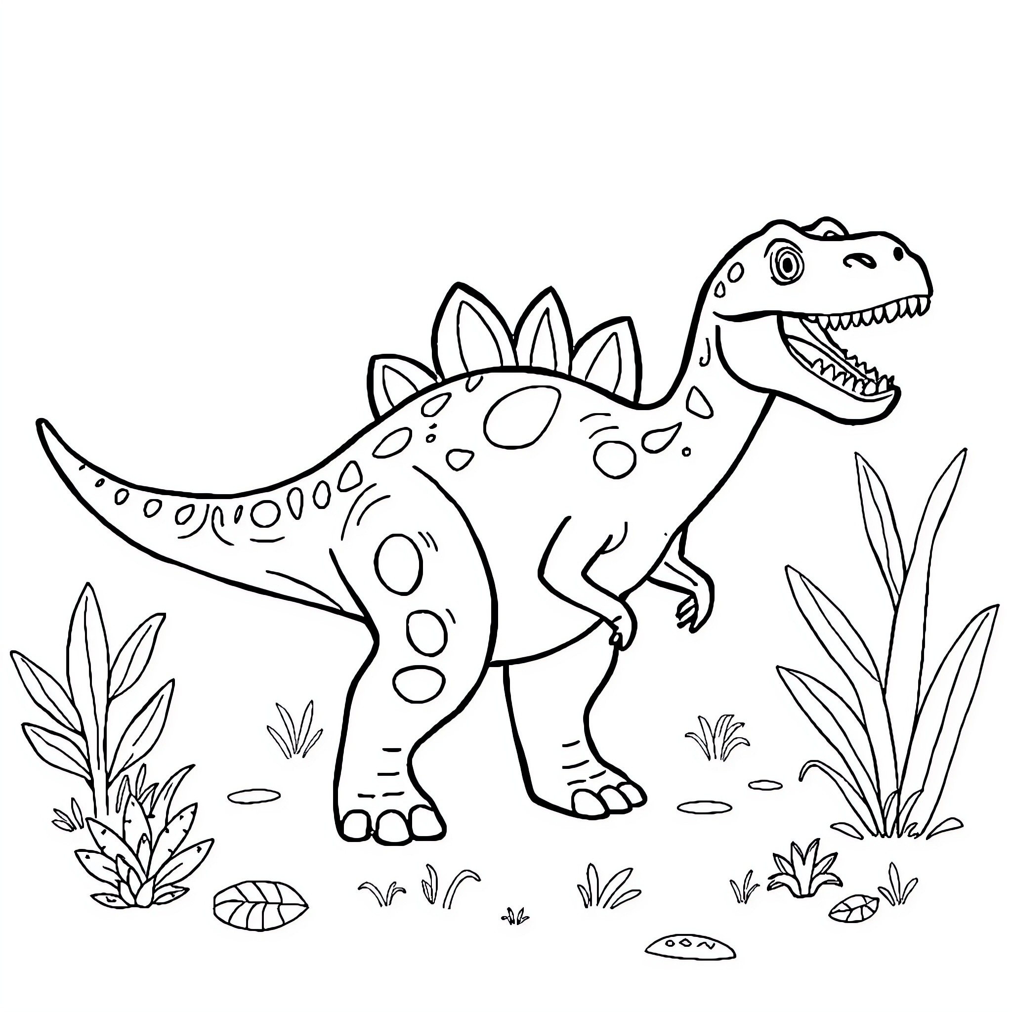 Spinosaurus exploring the prehistoric landscape Coloring Page (free black-and-white line drawing printable PDF for all, from beginners to advanced learners, including children, teens, adults, and seniors)