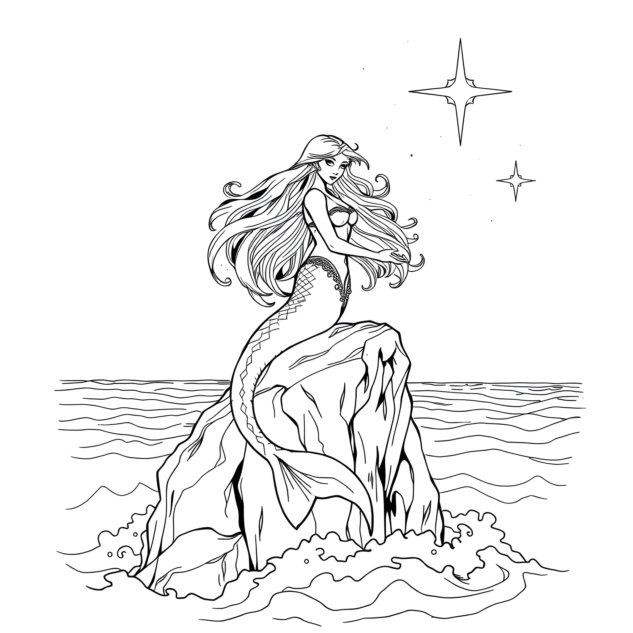 Siren beckoning from the rocky shores Coloring Page (free black-and-white line drawing printable PDF for all, from beginners to advanced learners, including children, teens, adults, and seniors)