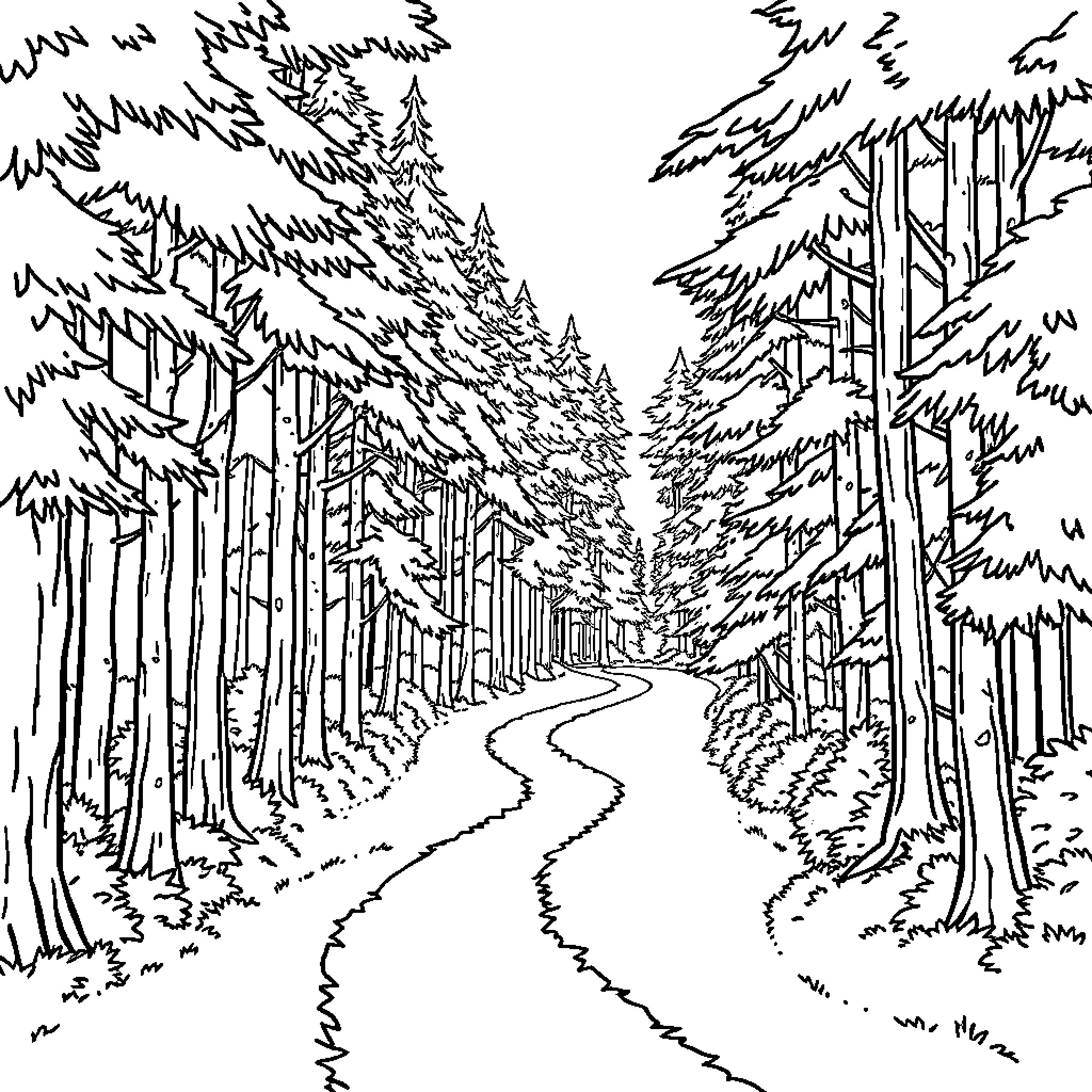 Path through the Winding Forest Coloring Page (free black-and-white line drawing printable PDF for all, from beginners to advanced learners, including children, teens, adults, and seniors)