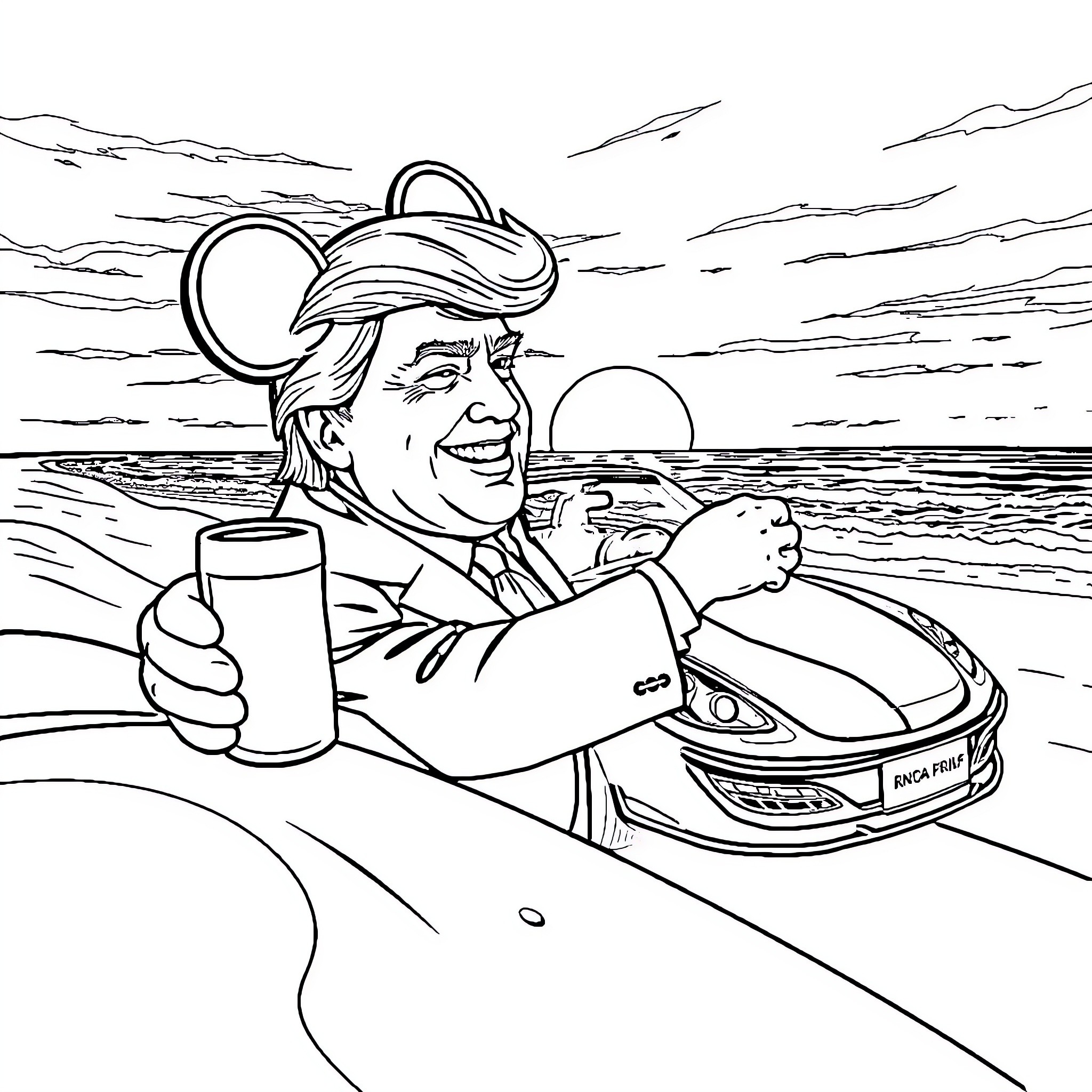 Car enthusiast driving happily on the open road Coloring Page (free black-and-white line drawing printable PDF for all, from beginners to advanced learners, including children, teens, adults, and seniors)