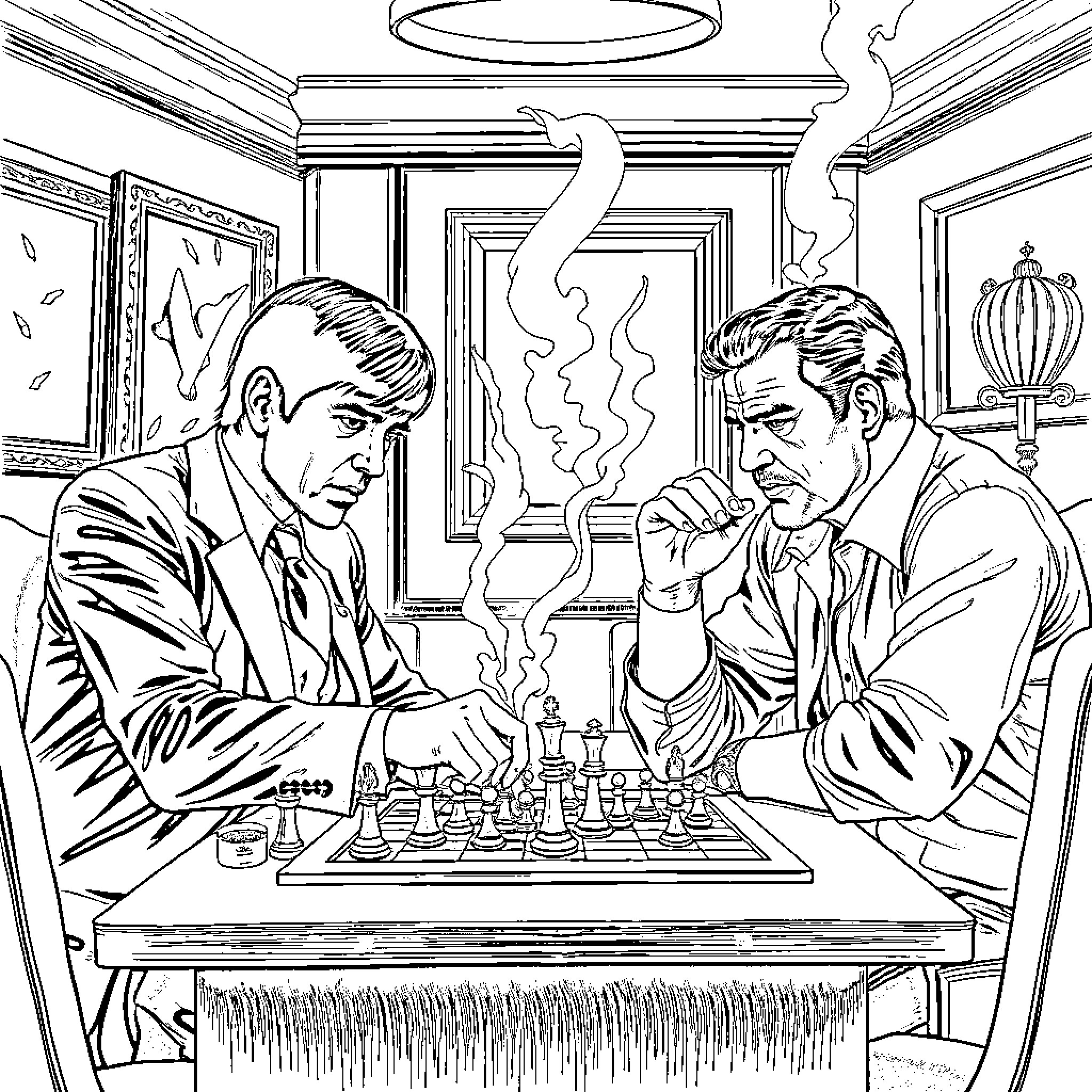 Scarface playing chess in a luxurious study Coloring Page (free black-and-white line drawing printable PDF for all, from beginners to advanced learners, including children, teens, adults, and seniors)