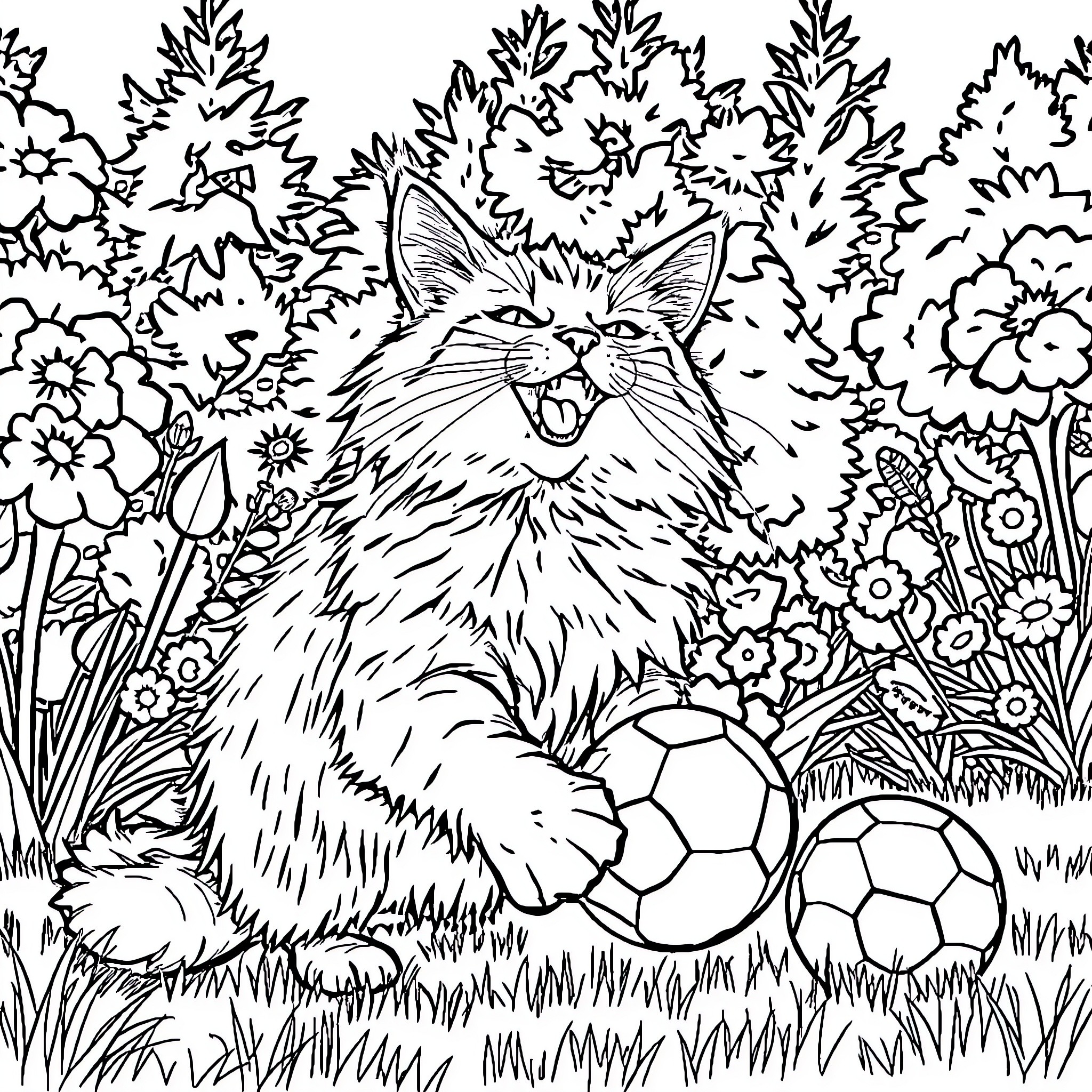 Maine Coon cat playing with soccer balls in flowery garden Coloring Page (free black-and-white line drawing printable PDF for all, from beginners to advanced learners, including children, teens, adults, and seniors)