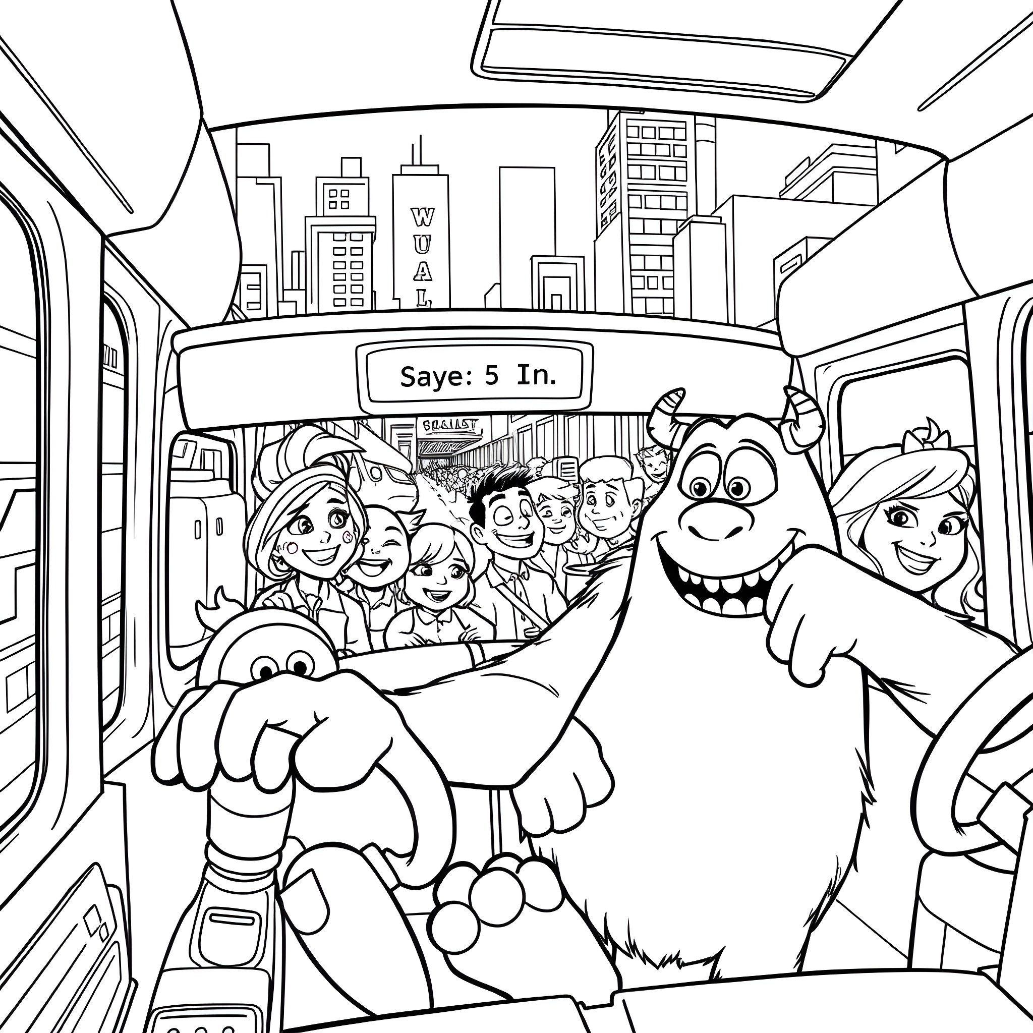 Sully's Cheerful Trip with Friends in the Lively City Coloring Page (free black-and-white line drawing printable PDF for all, from beginners to advanced learners, including children, teens, adults, and seniors)