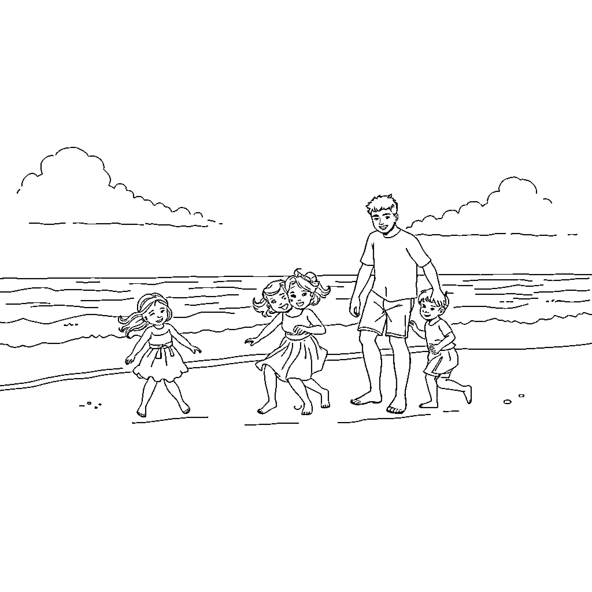 Family enjoying a day at the beach Coloring Page (free black-and-white line drawing printable PDF for all, from beginners to advanced learners, including children, teens, adults, and seniors)