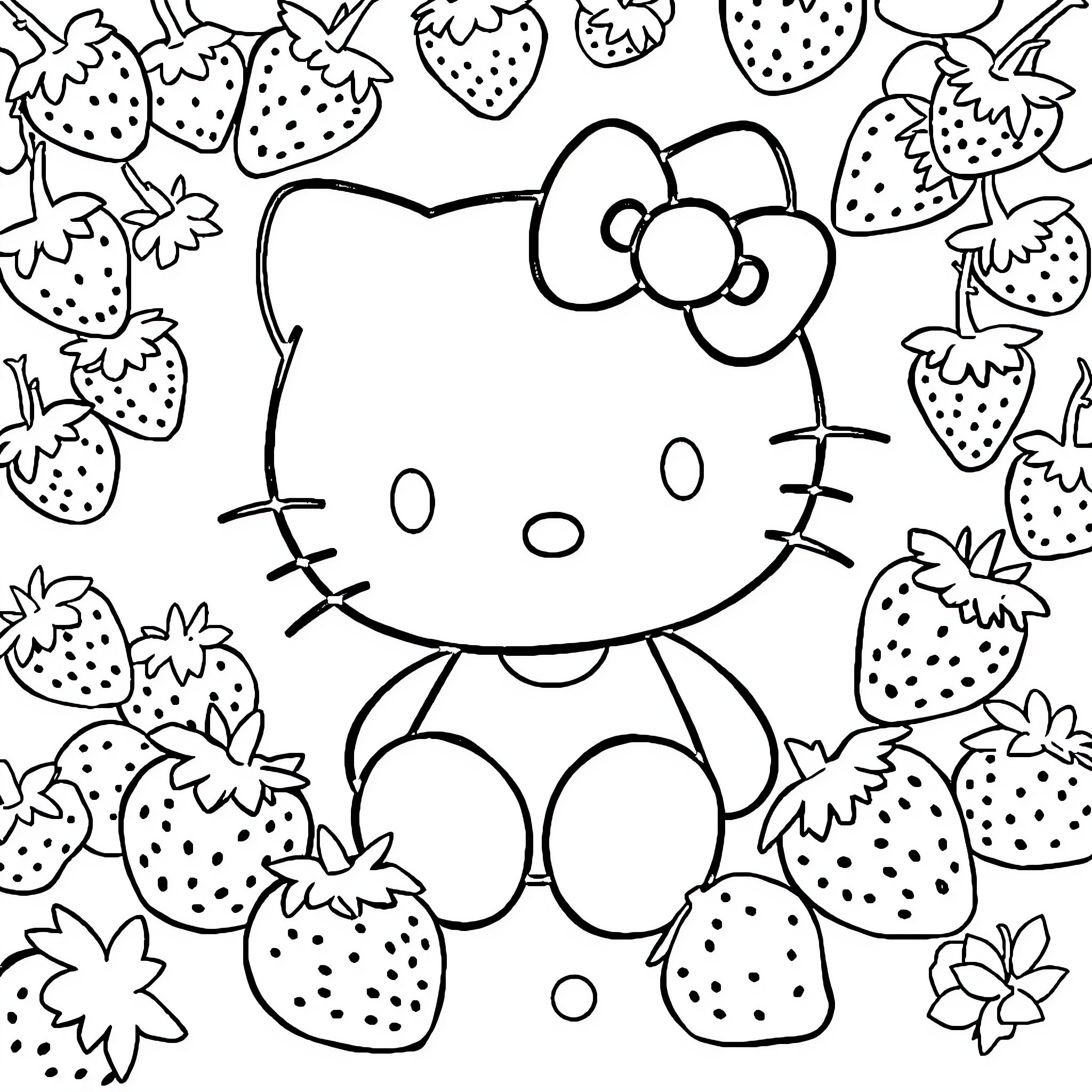 Hello Kitty surrounded by strawberries Coloring Page (free black-and-white line drawing printable PDF for all, from beginners to advanced learners, including children, teens, adults, and seniors)